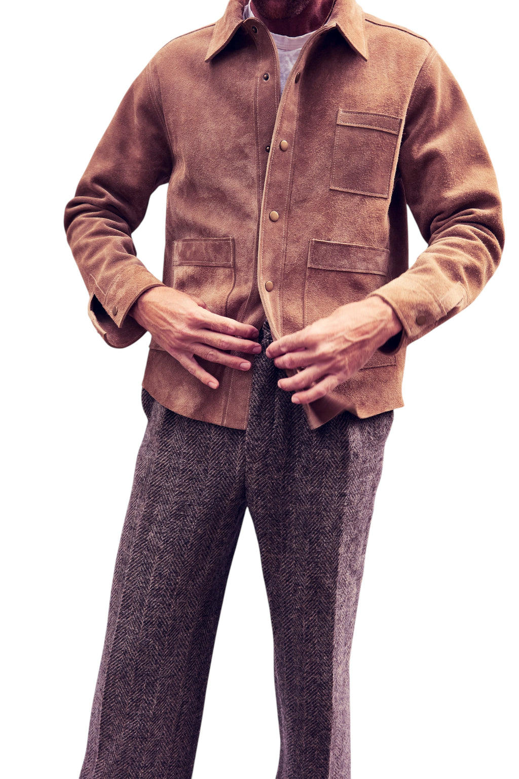 David Dangelo Caldwell brown suede jacket with two patch pockets and custom hardware. Classic fit, made in USA.