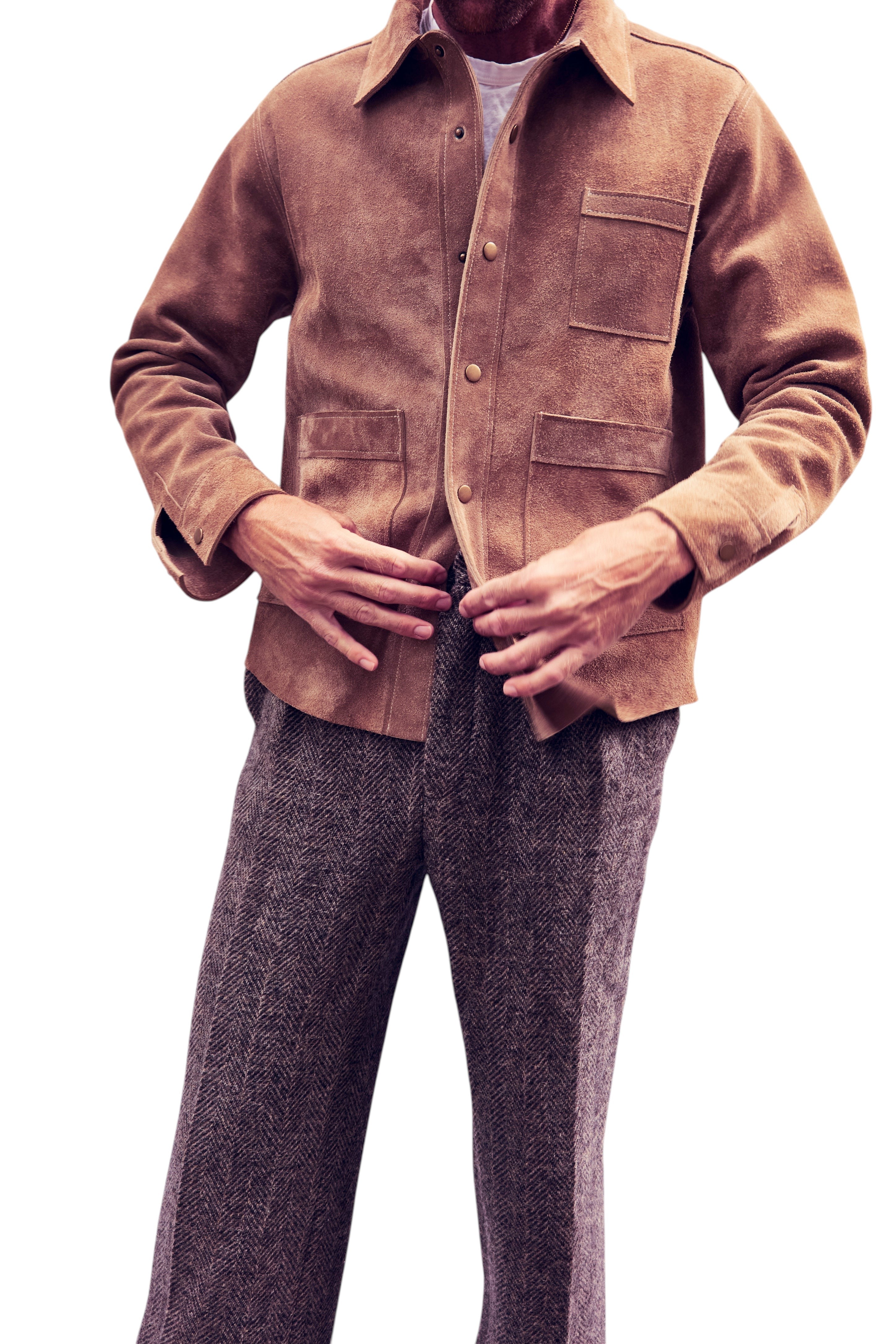 David Dangelo Caldwell brown suede jacket with two patch pockets and custom hardware. Classic fit, made in USA.