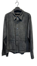 David Dangelo Caldwell charcoal grey suede jacket with two patch hip pockets and custom hardware. Classic fit, made in USA.
