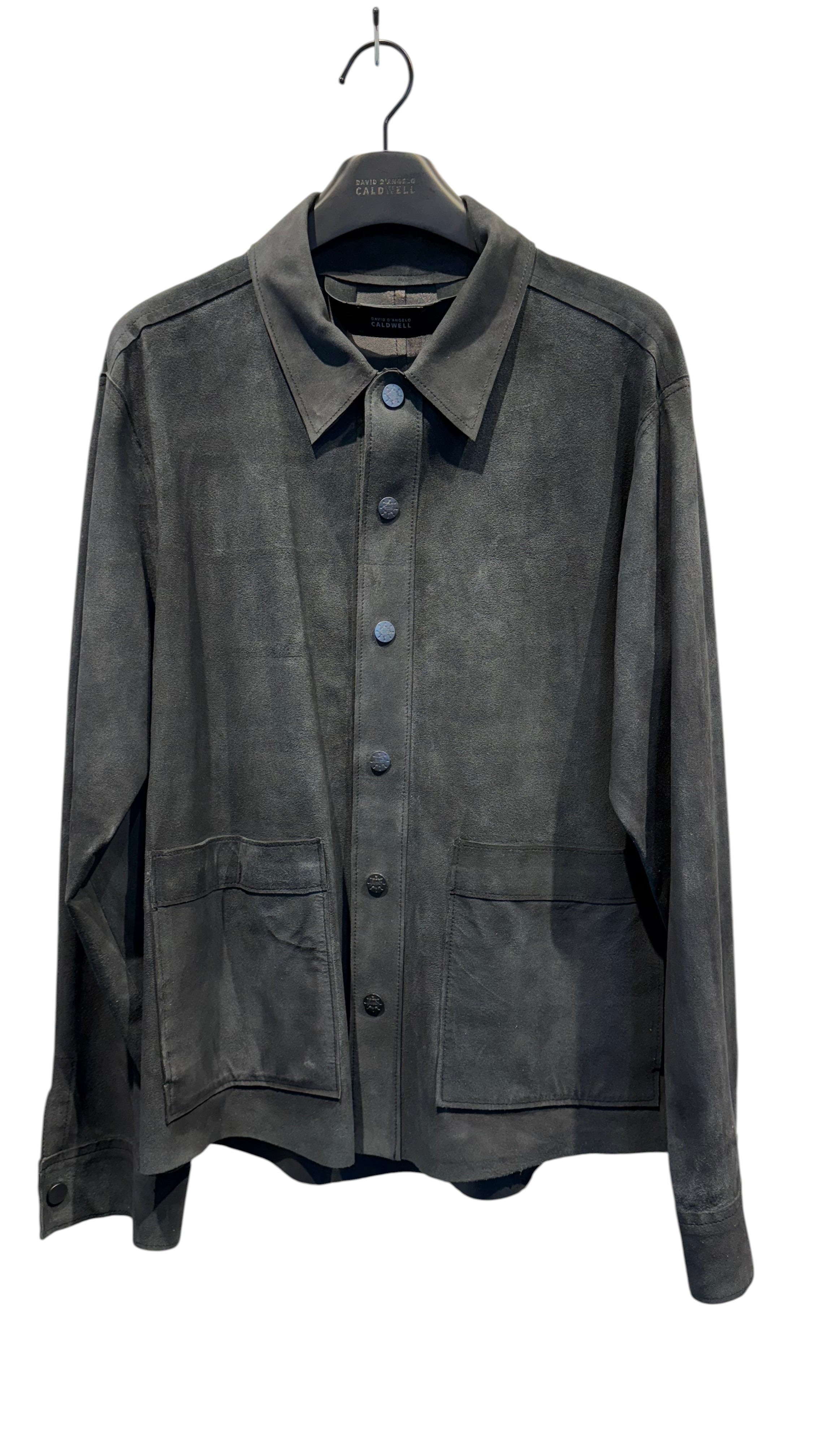 David Dangelo Caldwell charcoal grey suede jacket with two patch hip pockets and custom hardware. Classic fit, made in USA.