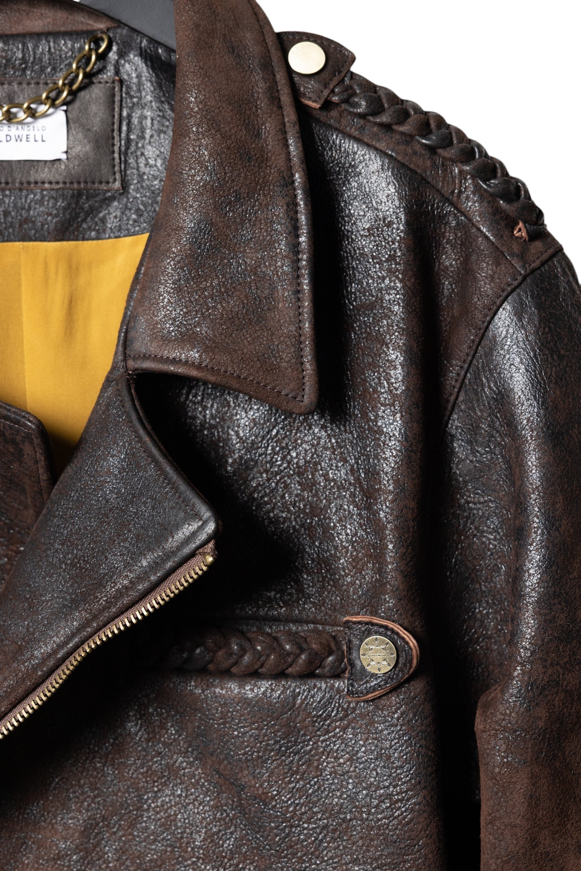 David Dangelo Caldwell chocolate brown Italian lamb leather jacket with braided details and custom hardware. Lined in silk.