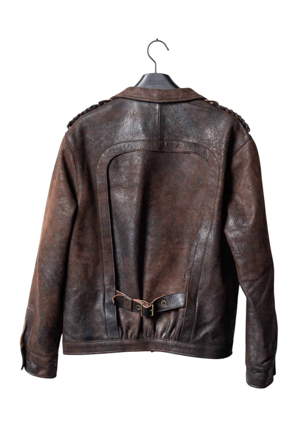 David Dangelo Caldwell chocolate brown Italian lamb leather Wendell jacket with unique yolk and belted back.