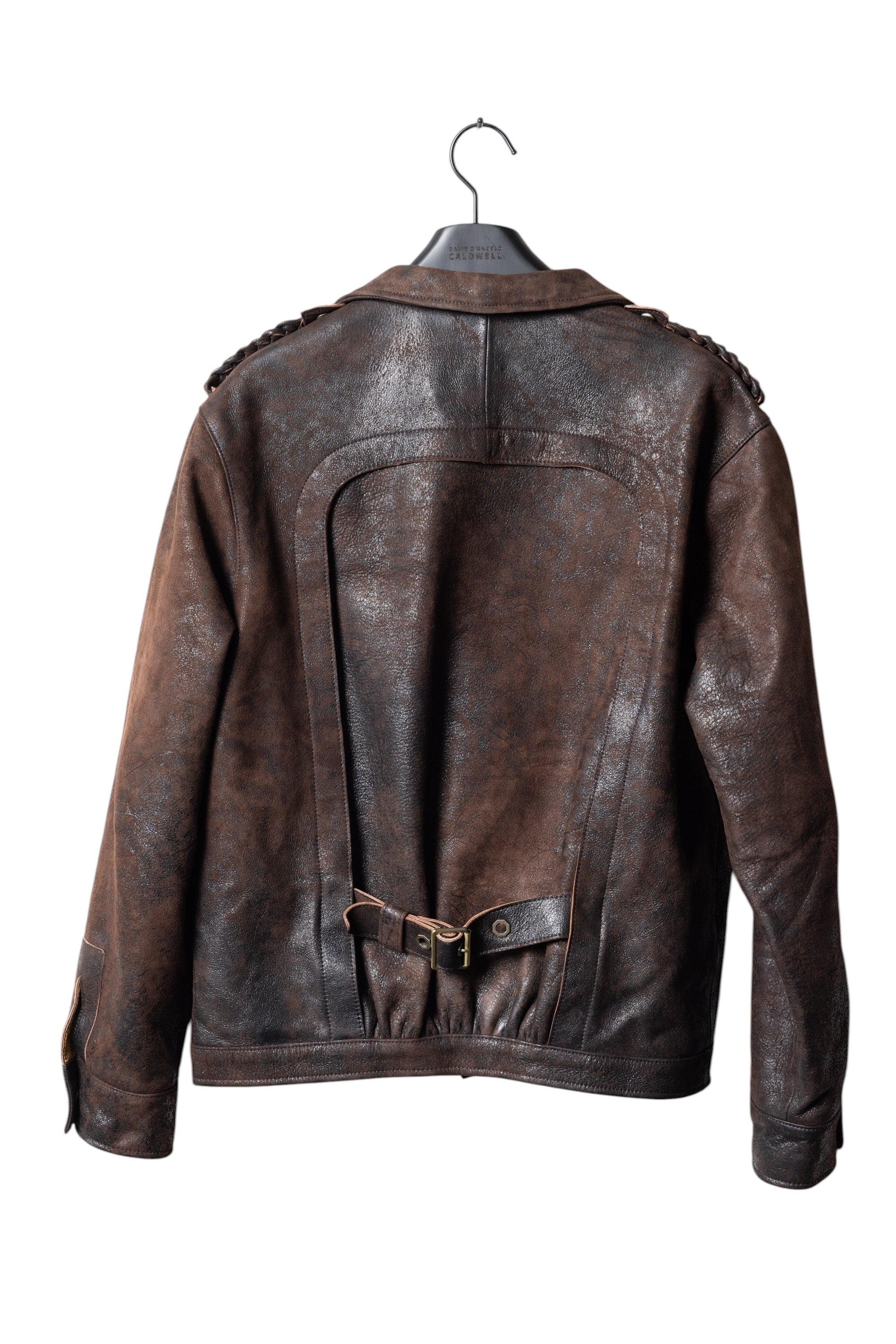 David Dangelo Caldwell chocolate brown Italian lamb leather Wendell jacket with unique yolk and belted back.