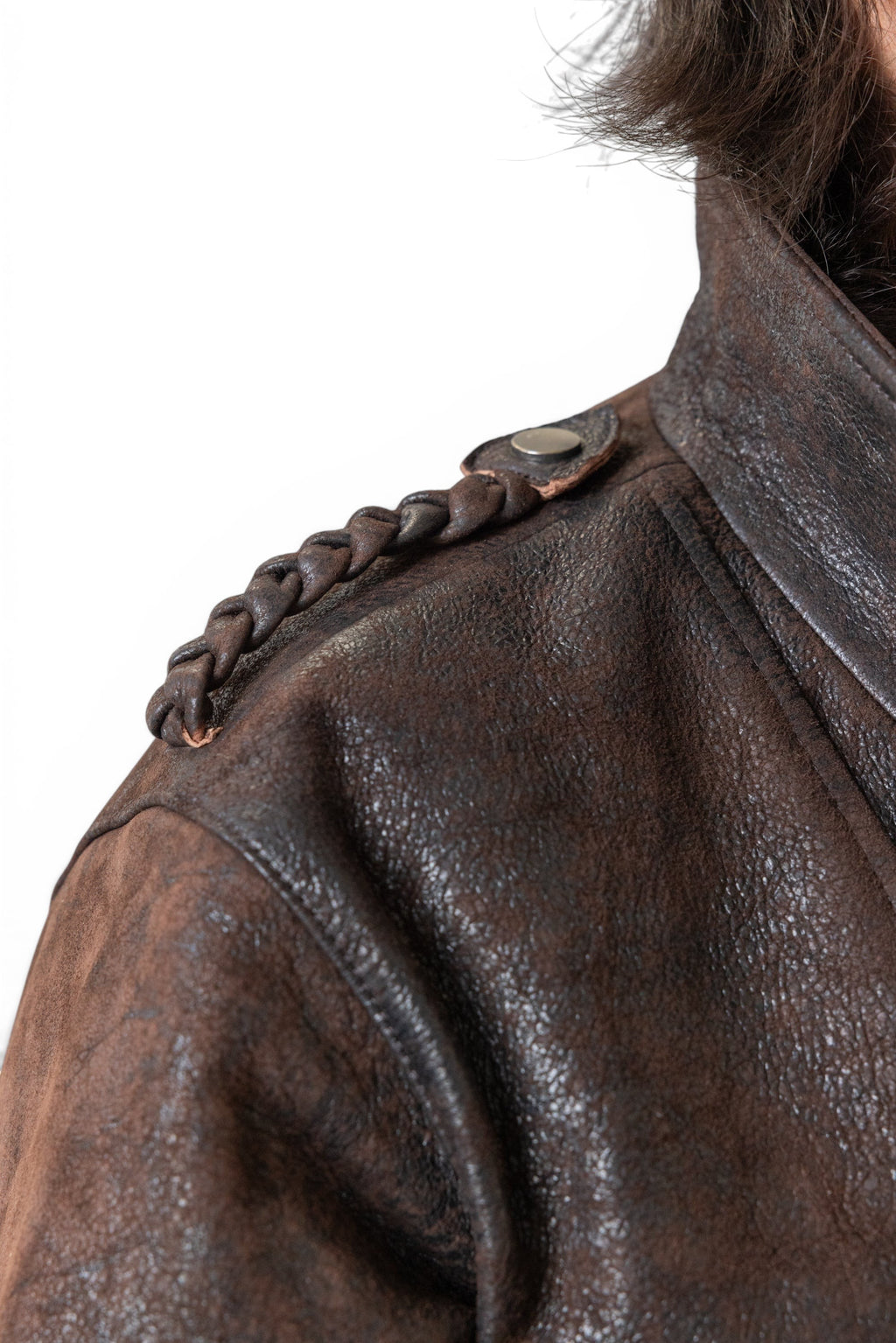 David Dangelo Caldwell chocolate brown Italian lamb leather jacket with braided epaulets and custom hardware.