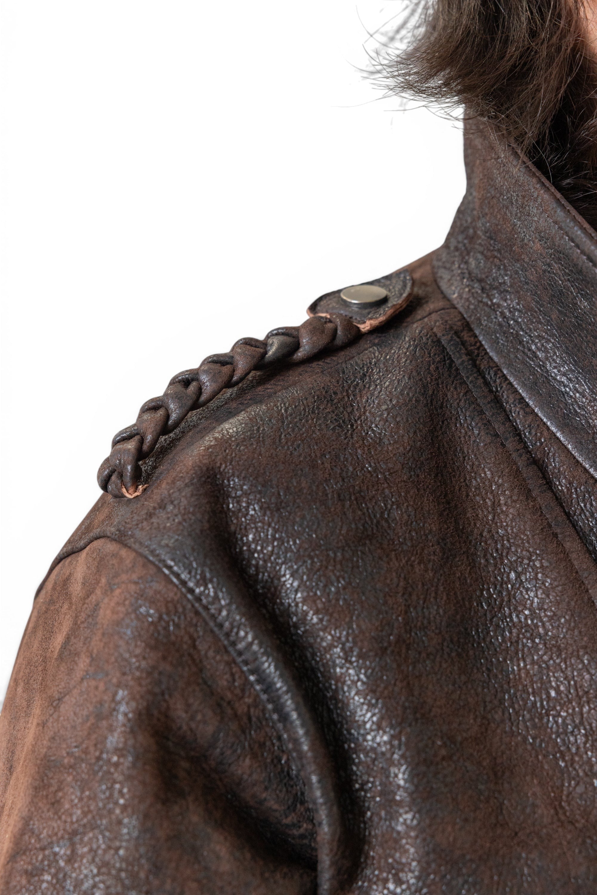 David Dangelo Caldwell chocolate brown Italian lamb leather jacket with braided epaulets and custom hardware.