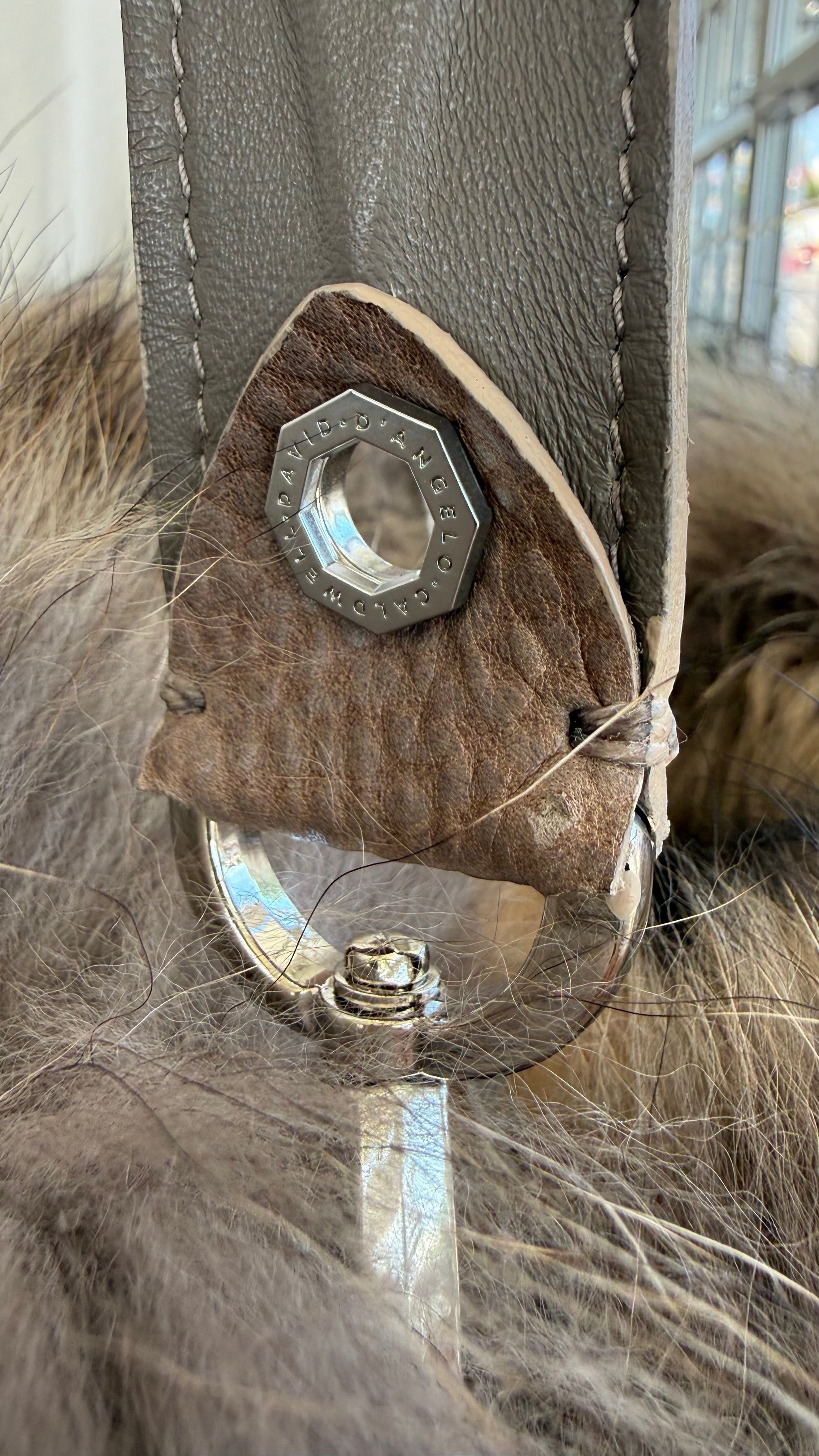David Dangelo Caldwell natural Finnish raccoon fur tote bag with leather fringe and silver hardware.