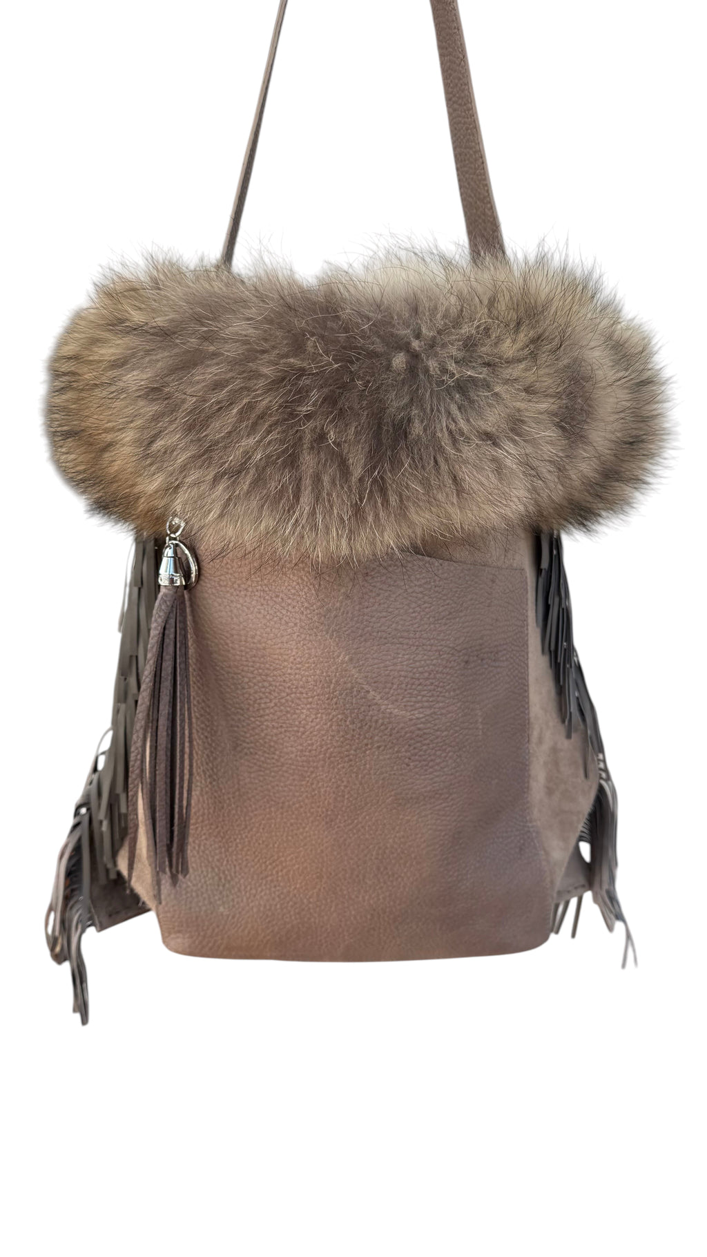 David Dangelo Caldwell brown leather tote with natural Finnish raccoon fur trim and leather fringe detail.