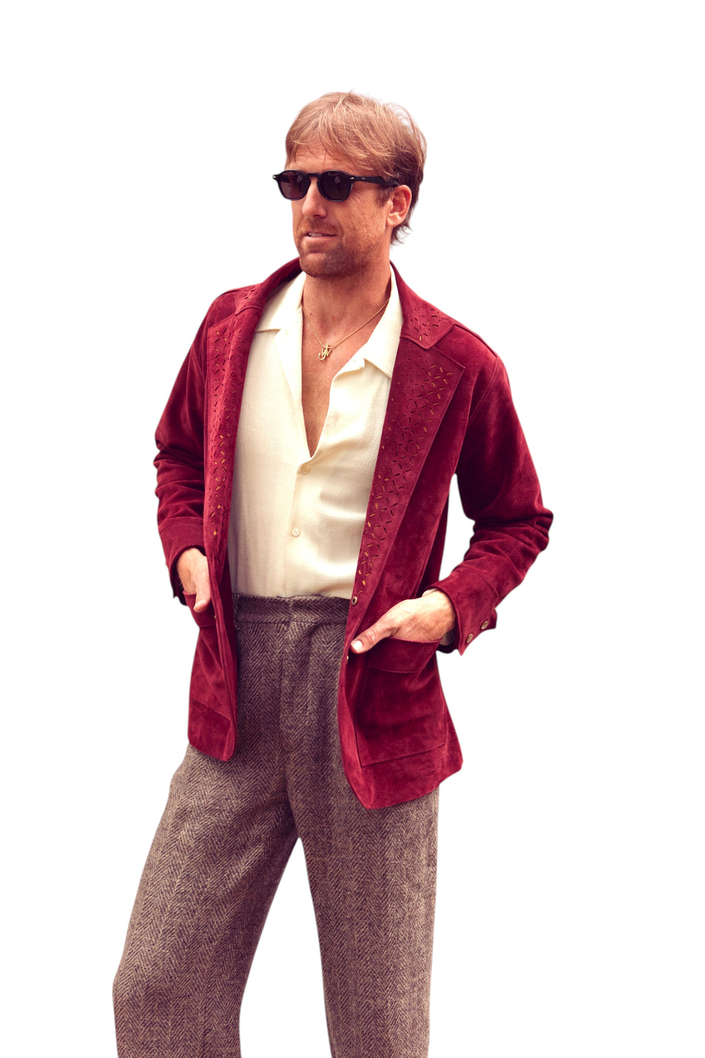 David Dangelo Caldwell The Galaton maroon suede jacket with hand punchwork lapels and silk chiffon detail.