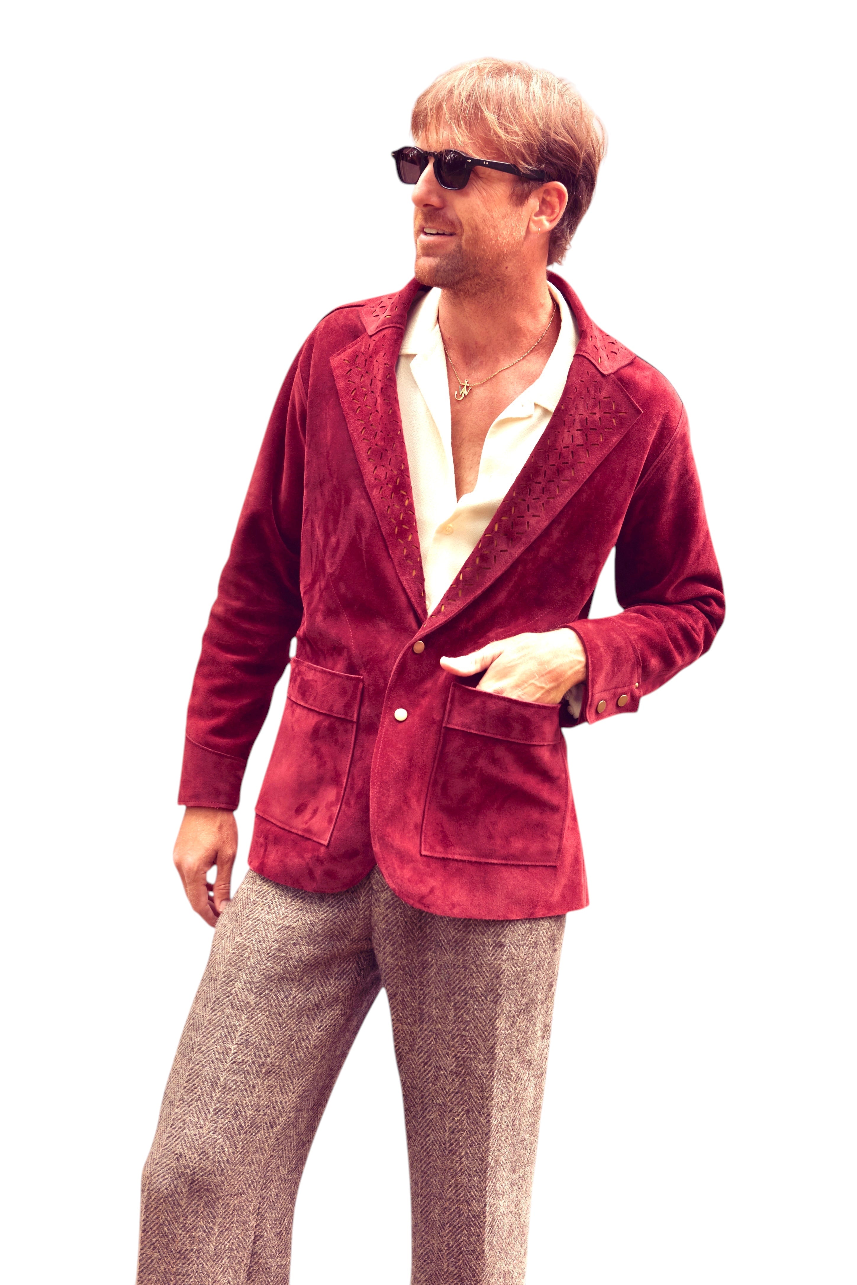 David Dangelo Caldwell Galaton red suede jacket with hand punchwork lapel detail and contrasting silk chiffon.