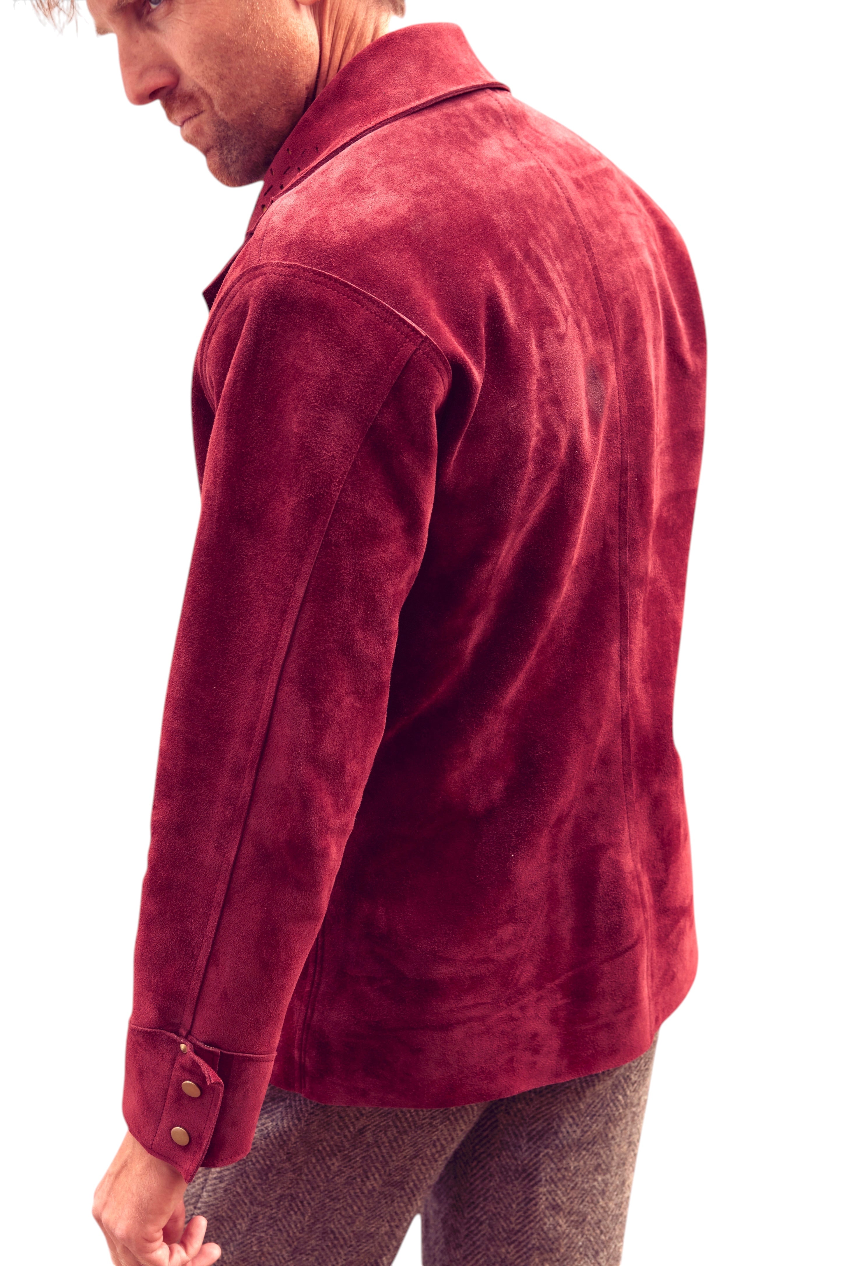 David Dangelo Caldwell The Galaton deep red suede jacket with hand punchwork lapel detail. A versatile piece for day or night.