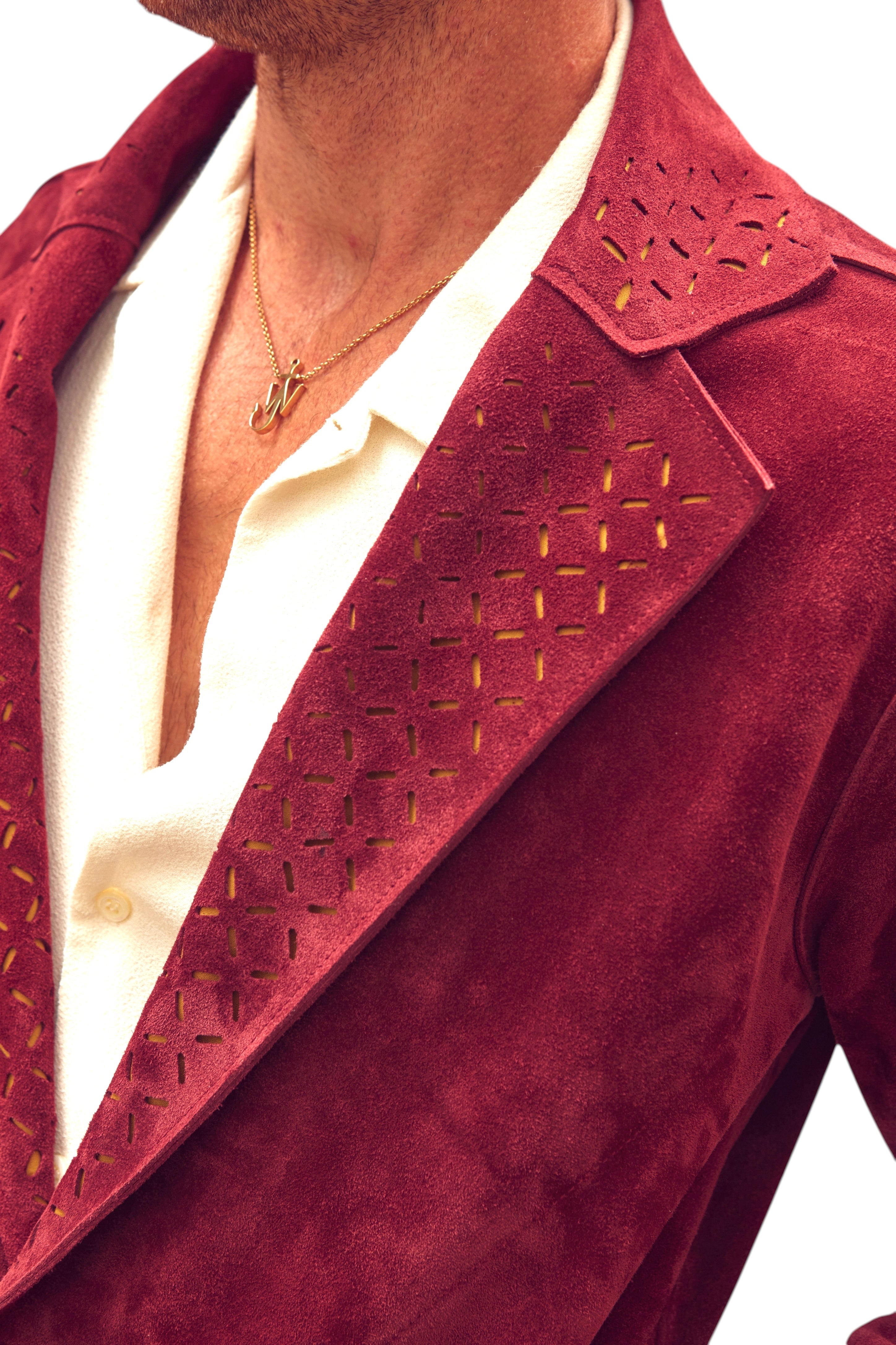 David Dangelo Caldwell Galaton jacket in deep red suede with laser-cut lapel detail and contrasting silk chiffon.
