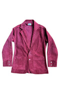 David Dangelo Caldwell The Galaton maroon suede leather jacket with punchwork lapel detail and two front pockets.