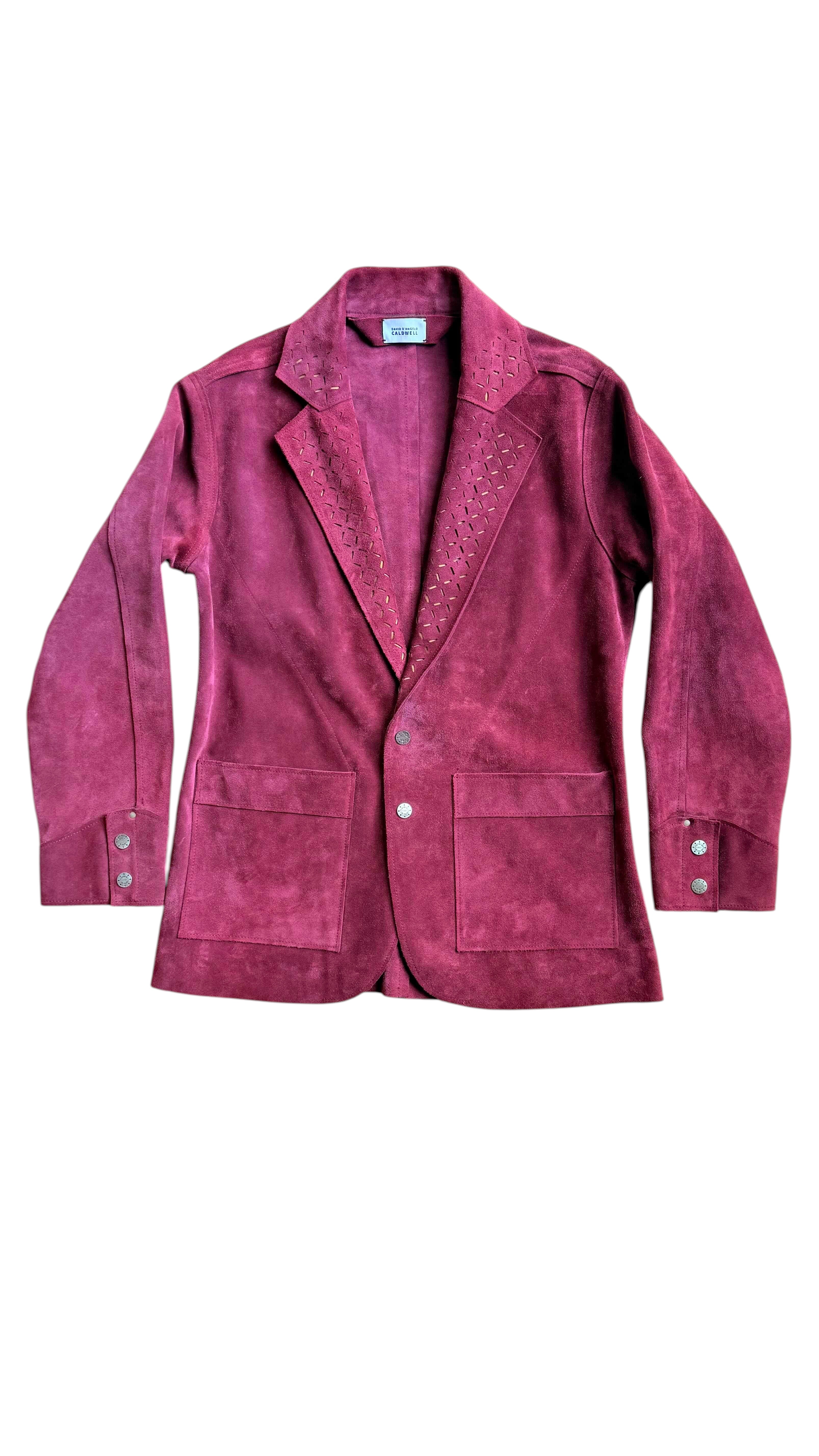 David Dangelo Caldwell The Galaton maroon suede leather jacket with punchwork lapel detail and two front pockets.