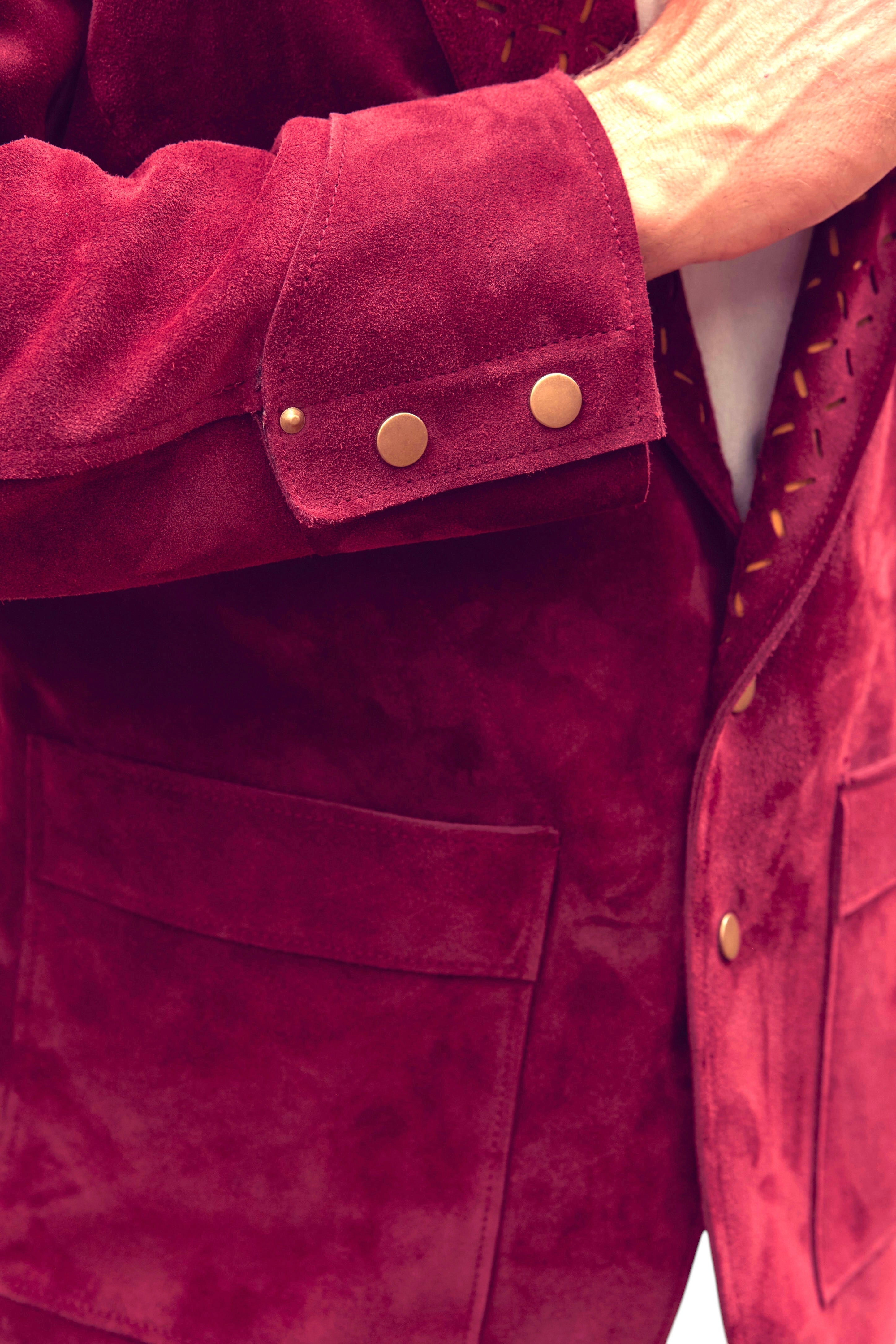 David Dangelo Caldwell Galaton jacket in deep red suede with gold button details and unique hand punchwork lapel.