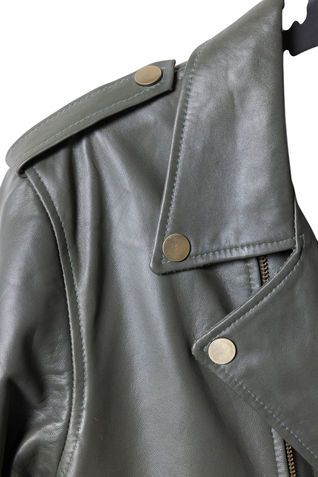 David Dangelo Caldwell grey nappa lamb leather biker jacket with Aztec snaps and branded zipper pulls.