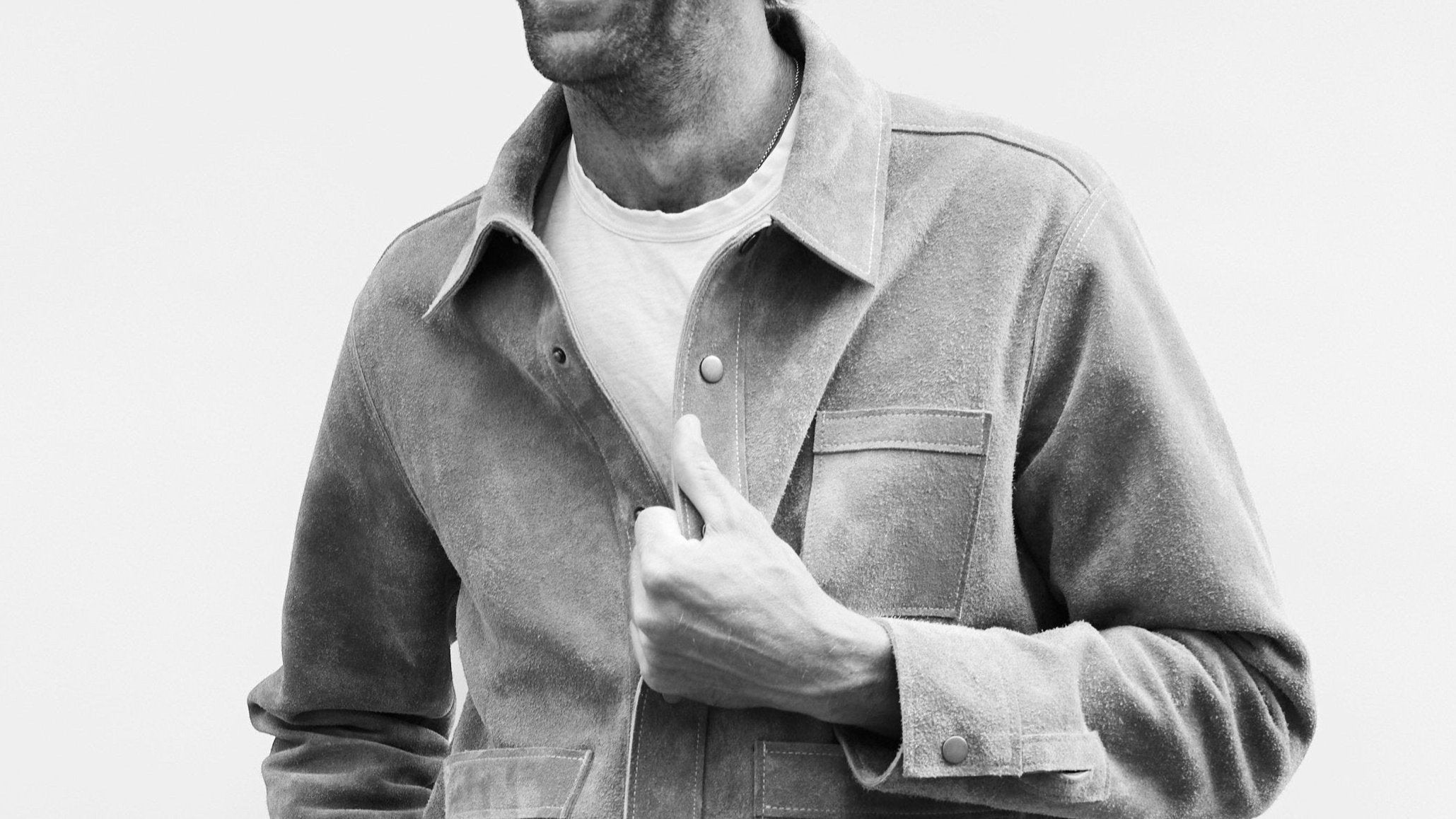 David Dangelo Caldwell grey suede jacket with patch pockets and custom hardware, classic fit.