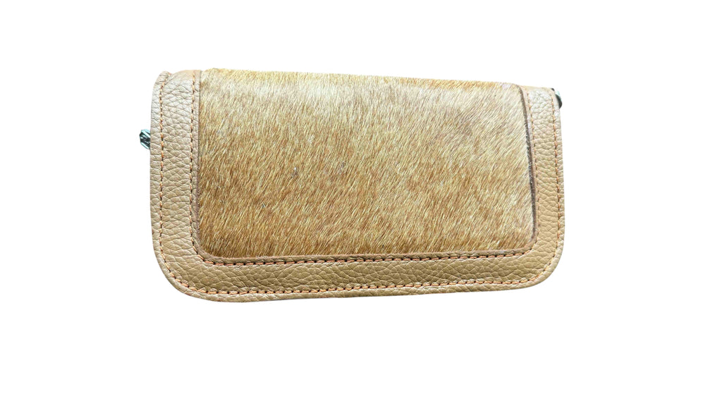 David Dangelo Caldwell tan leather wristlet clutch with a natural hair-on-hide front panel.