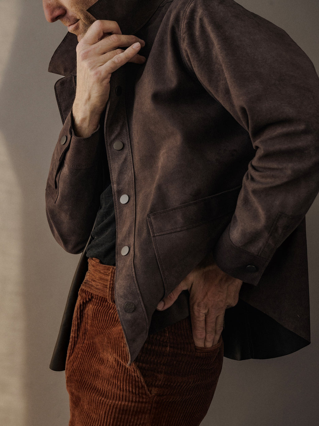 David Dangelo Caldwell Heirloom jacket in dark brown suede with classic fit, two patch hip pockets, and custom hardware.