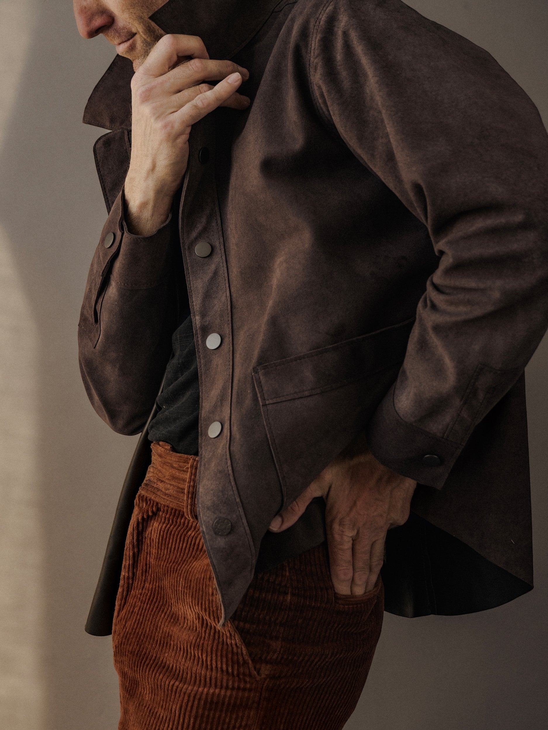 David Dangelo Caldwell Heirloom jacket in dark brown suede with classic fit, two patch hip pockets, and custom hardware.