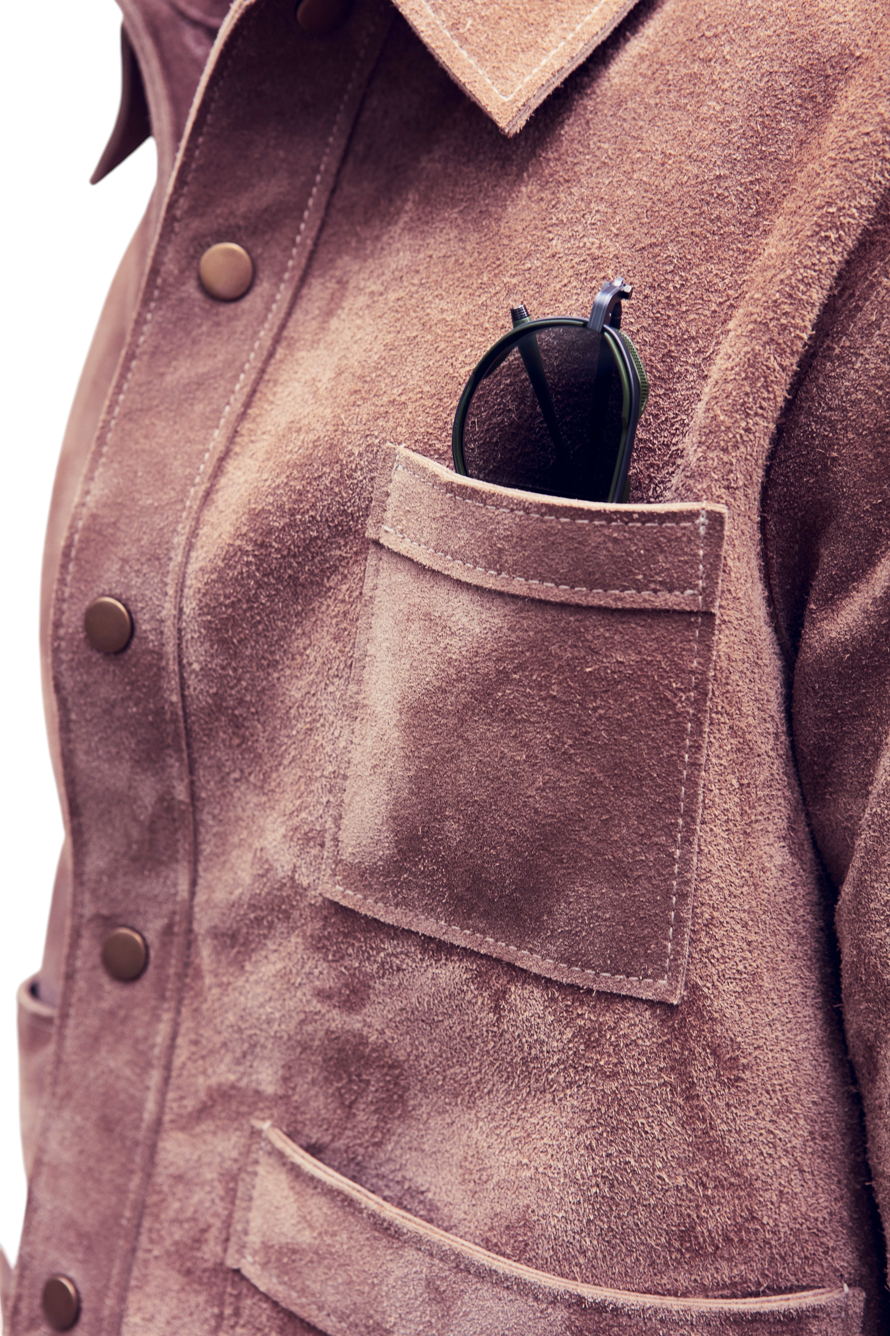 David Dangelo Caldwell Heirloom jacket in brown suede with patch pockets and custom hardware. Sunglasses in pocket.