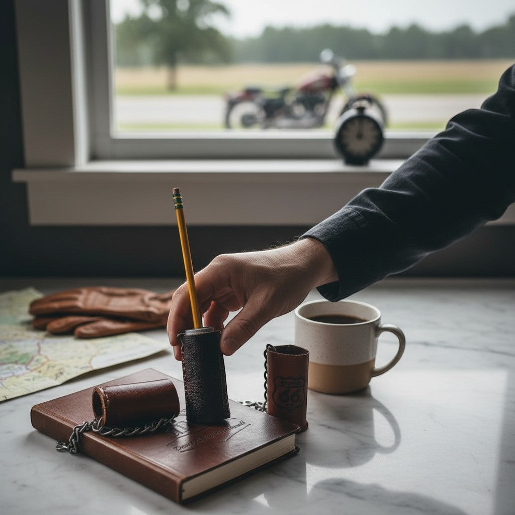 David Dangelo Caldwell dark brown leather Blackwing pencil sharpener case with chain clip, on a notebook.