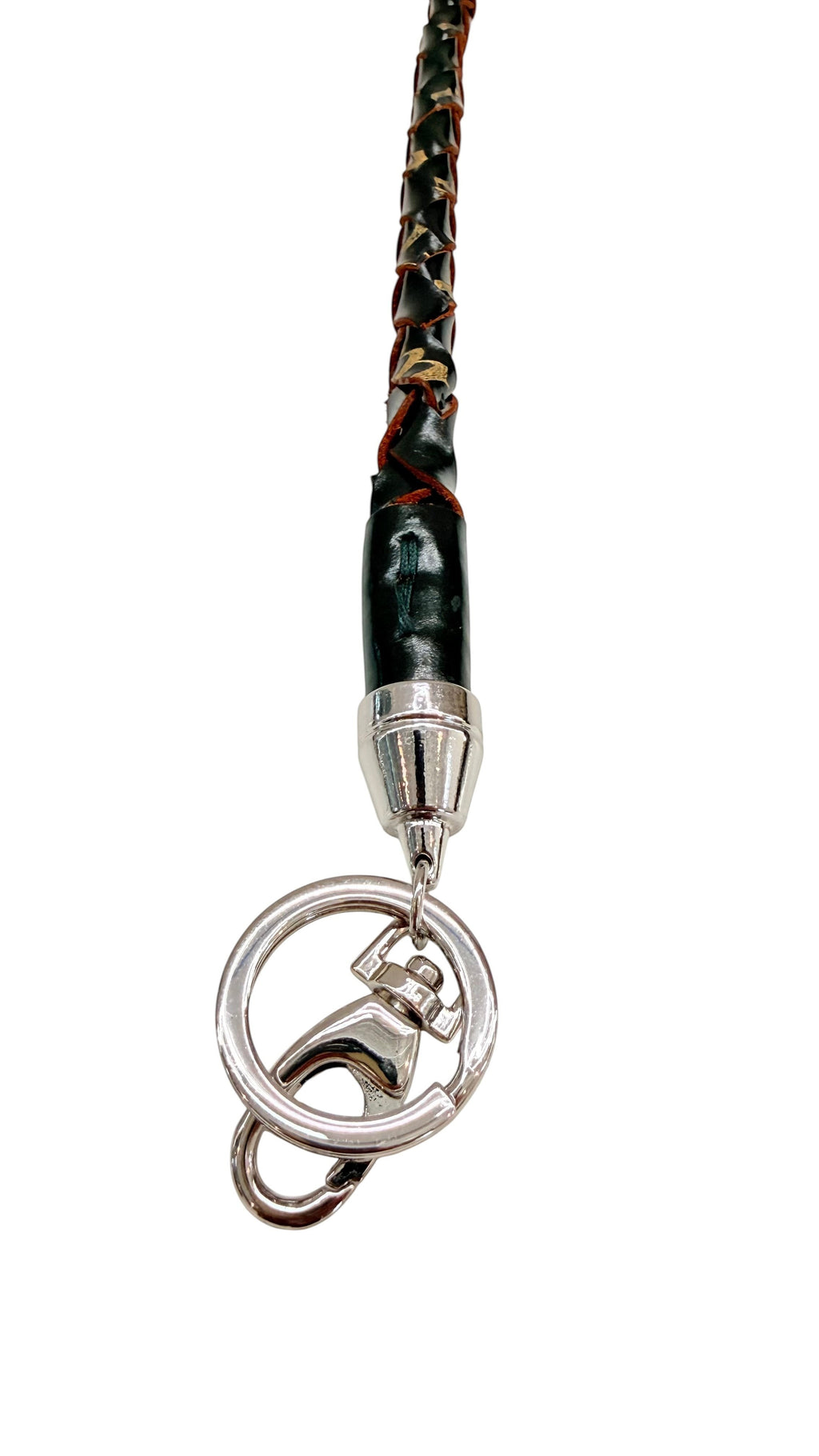 David Dangelo Caldwell black leather rope braided whip keychain with silver hardware and clasp.