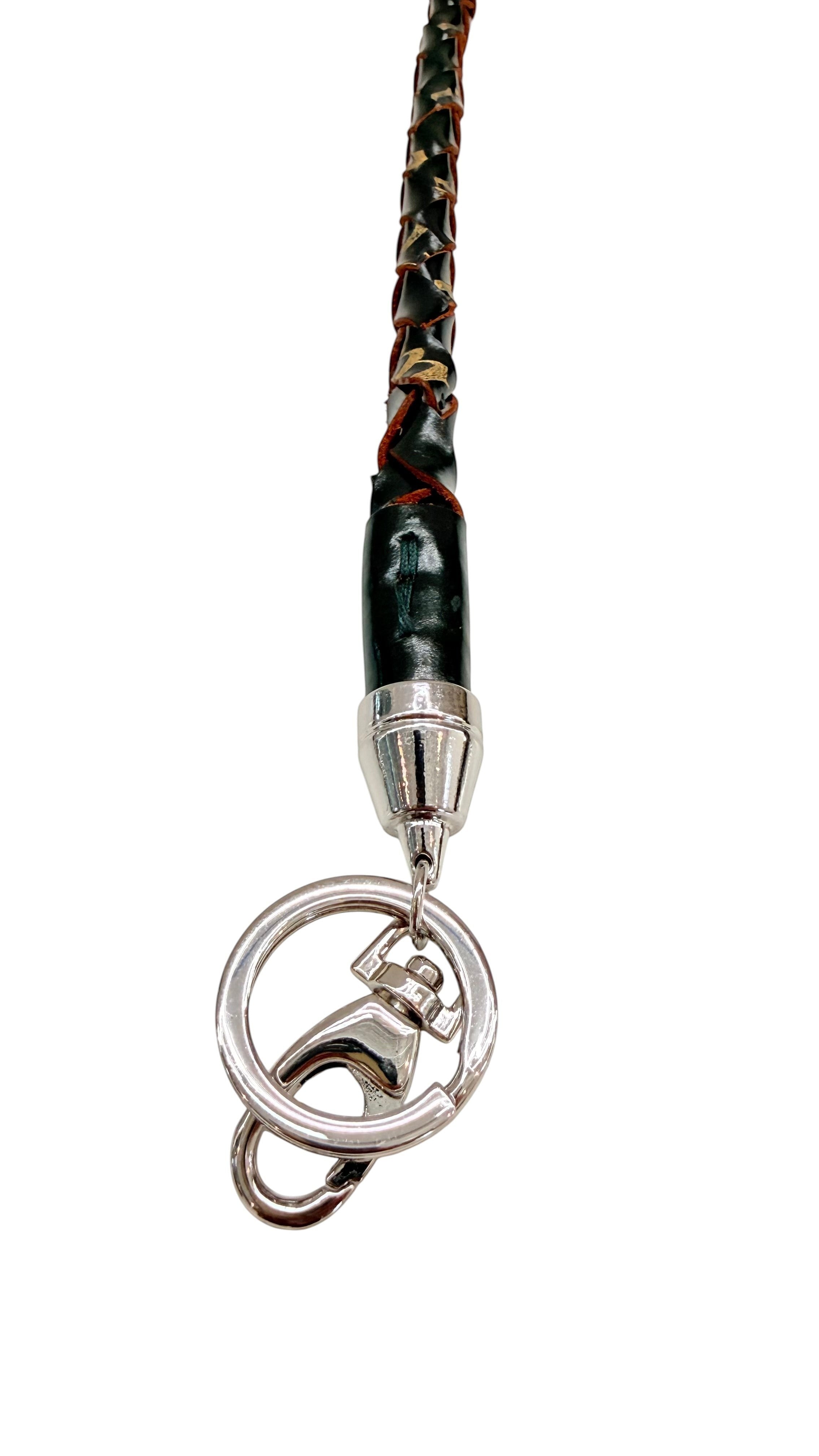 David Dangelo Caldwell black leather rope braided whip keychain with silver hardware and clasp.
