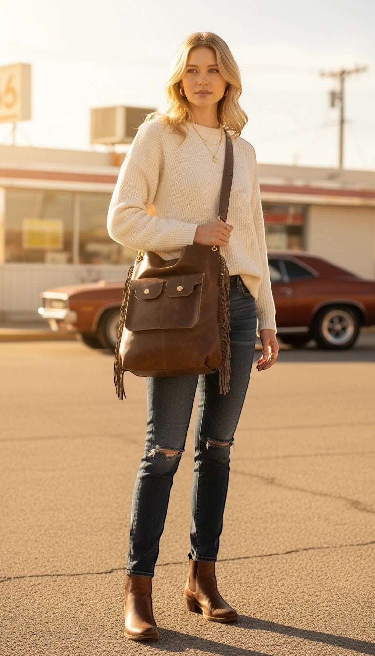 David Dangelo Caldwell brown leather fringe tote bag with dual front pockets and snap closure, worn by a woman.