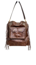 David Dangelo Caldwell brown leather fringe tote bag with double front pockets and gold hardware.