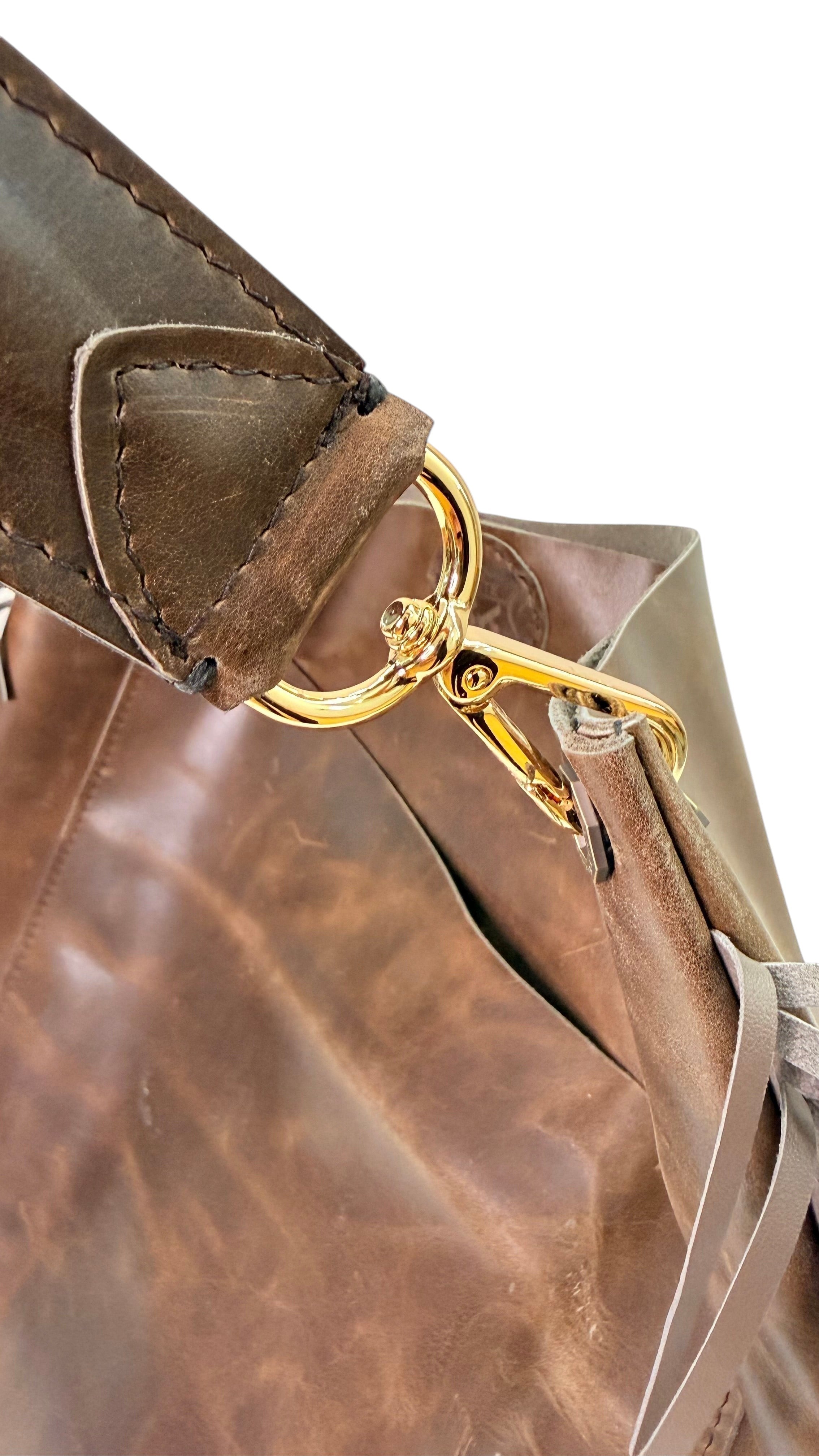 David Dangelo Caldwell brown leather tote bag with fringe detail and gold hardware.