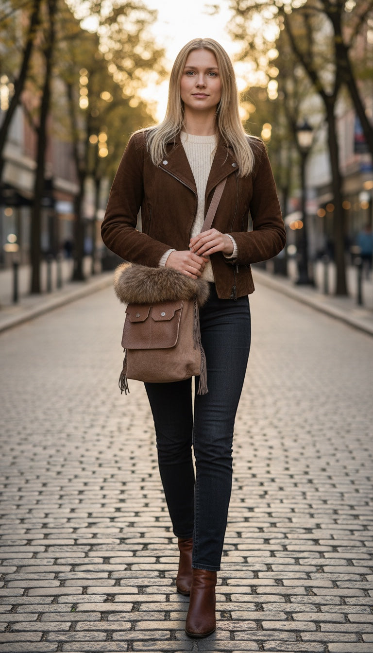 David Dangelo Caldwell brown leather tote bag with natural Finnish raccoon fur trim and fringe details.