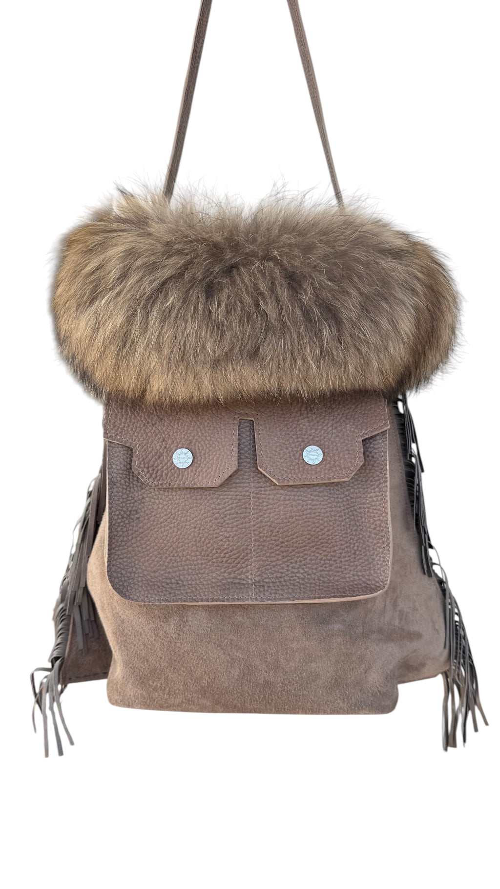 David Dangelo Caldwell brown leather tote with natural Finnish raccoon fur trim and fringe detail.