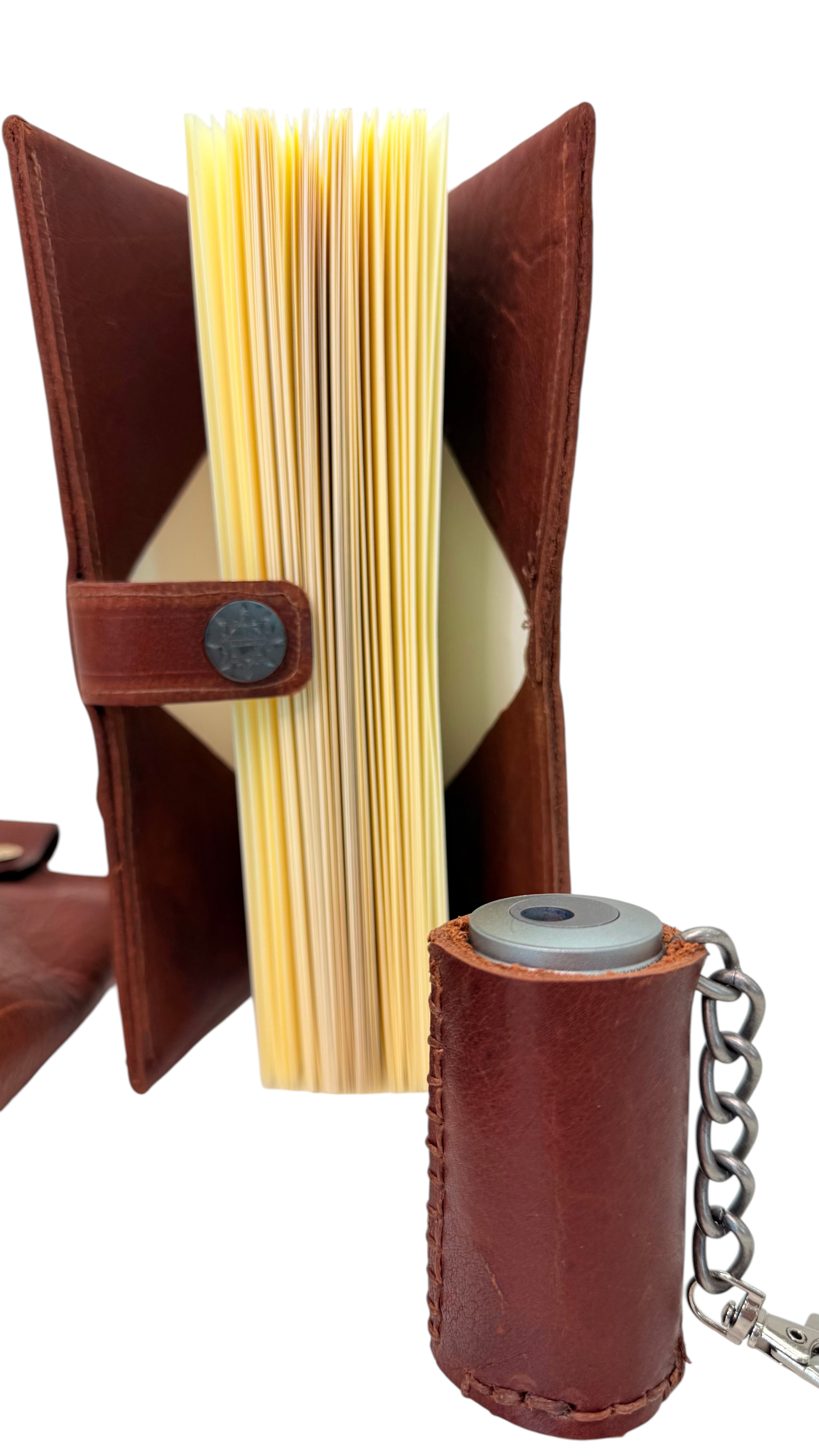 David Dangelo Caldwell brown leather journal cover for Midori MD A5 notebook with pen slots and zipper pocket.
