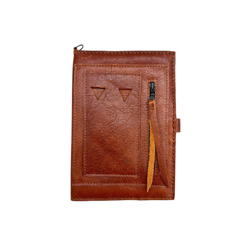 David Dangelo Caldwell brown leather journal cover with zipper pocket, pen slots, and D-ring. Fits A5 notebooks.