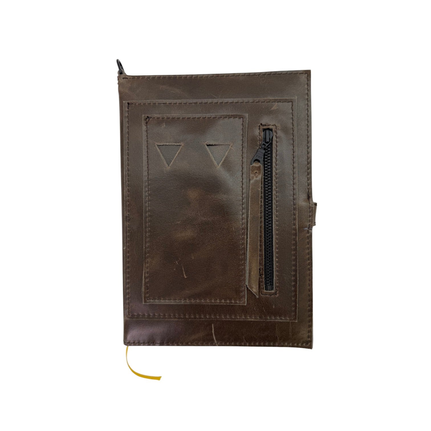 David Dangelo Caldwell dark brown leather journal cover with zipper pocket and pen slots, fits A5 notebooks.