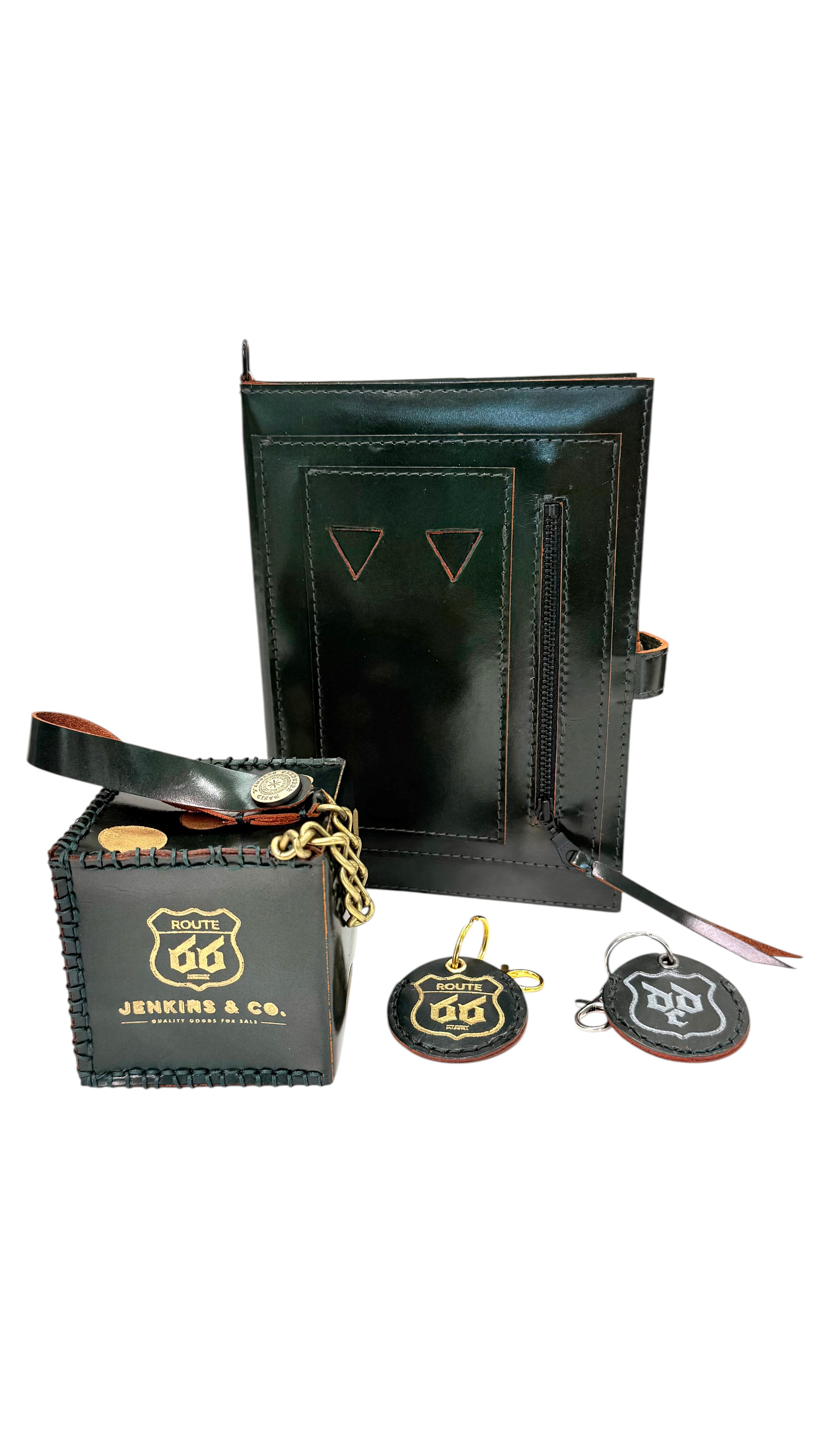 David Dangelo Caldwell black leather journal cover with zipper pocket, pen slots, and D-ring. Includes Route 66 keychain.