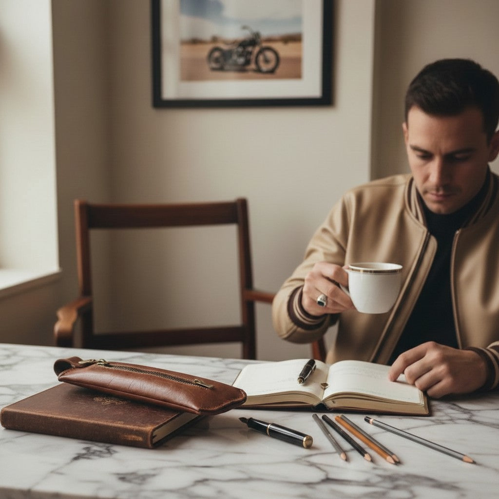 David Dangelo Caldwell brown bison leather pencil pouch with zipper closure, next to a journal and pens.