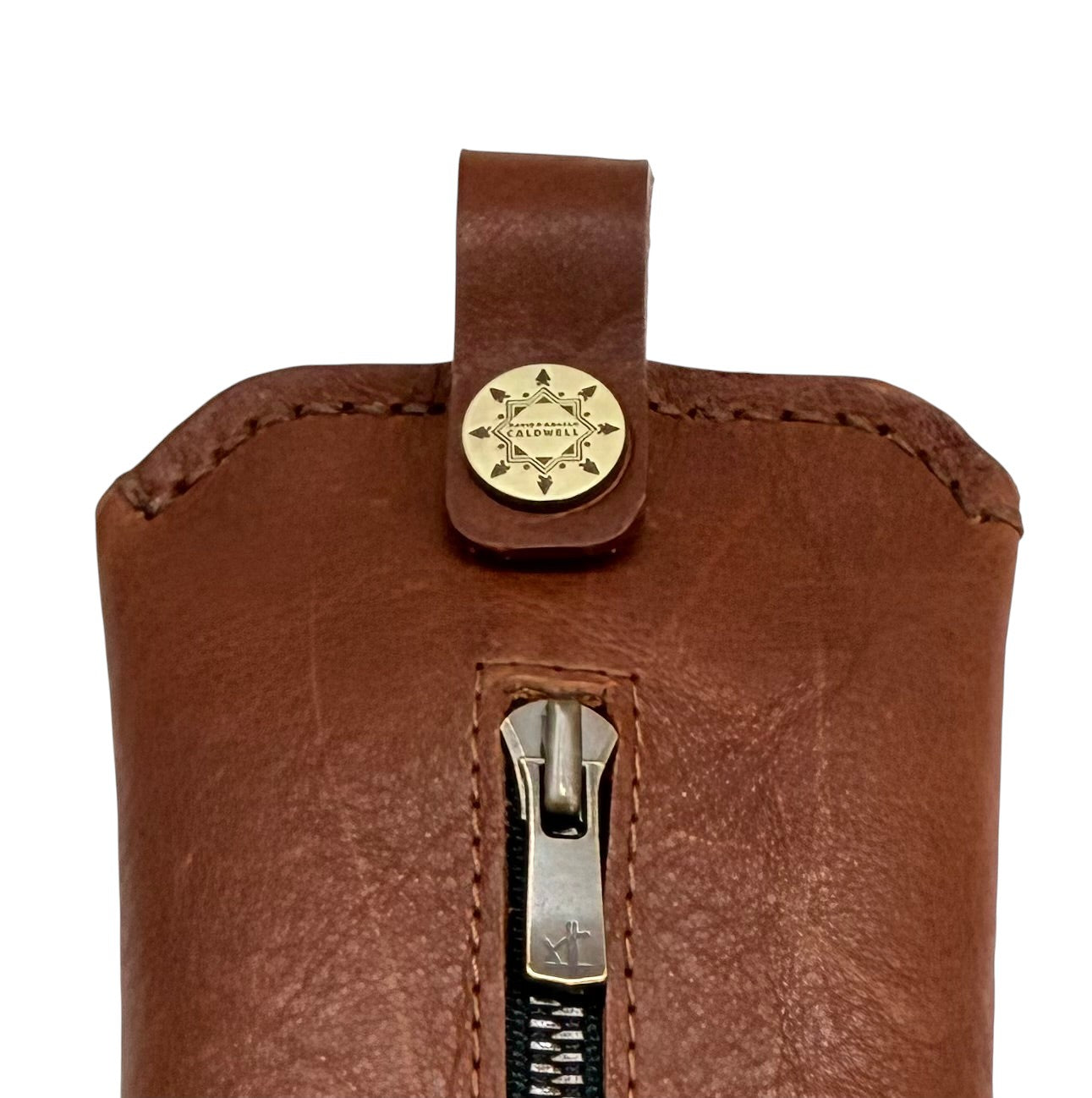 David Dangelo Caldwell brown bison leather pencil pouch with zipper closure and decorative brass snap.