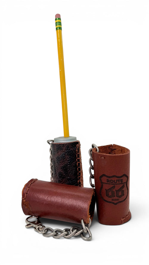 David Dangelo Caldwell brown leather pencil sharpener case with chain and clip. Embossed Route 66 logo.