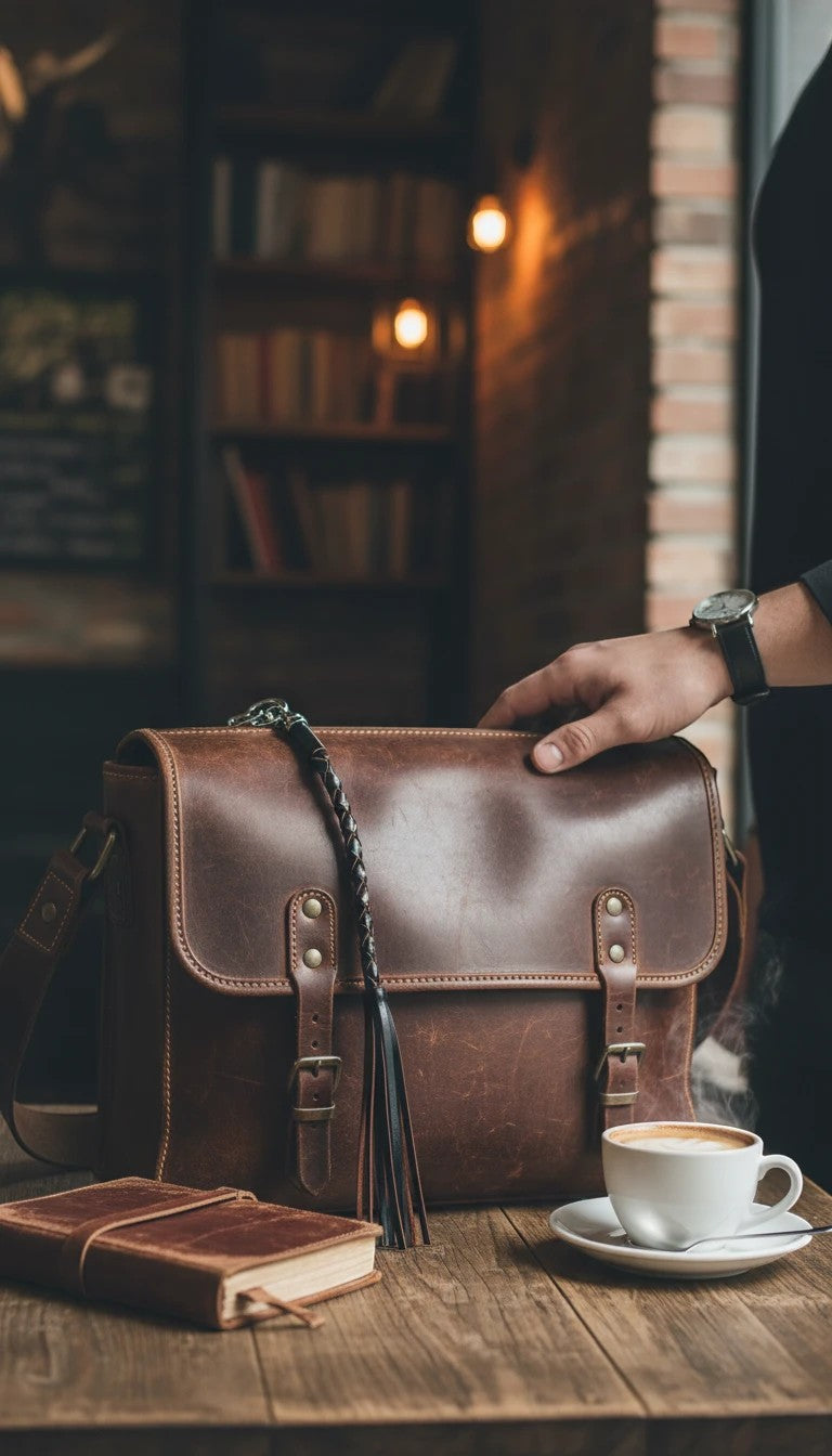 David Dangelo Caldwell hand-cut leather rope braided whip keychain with durable hardware, attached to a brown leather satchel.