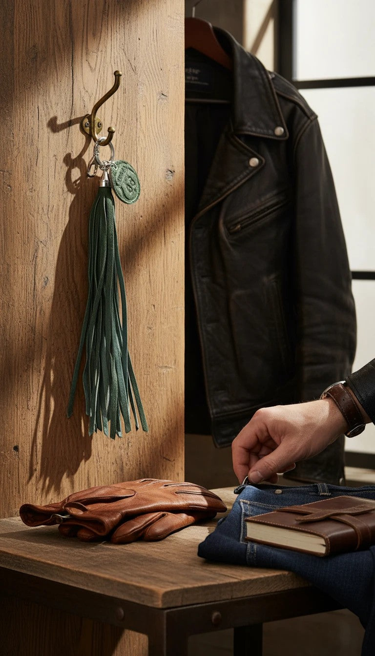 David Dangelo Caldwell hand-cut green leather tassel keychain with a round embossed charm.