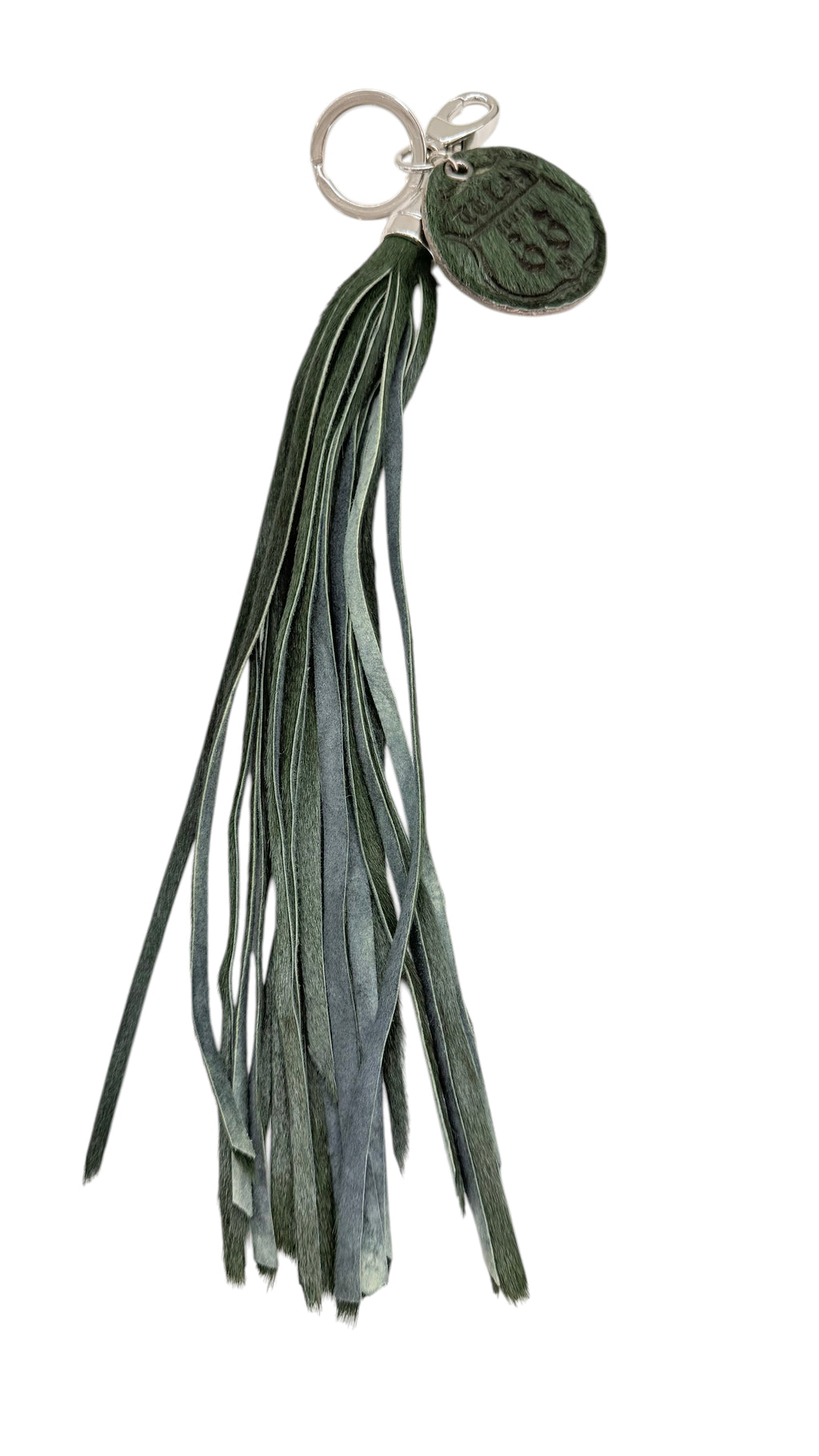 David Dangelo Caldwell hand-cut leather tassel keychain in dark green and grey with a round embossed charm.