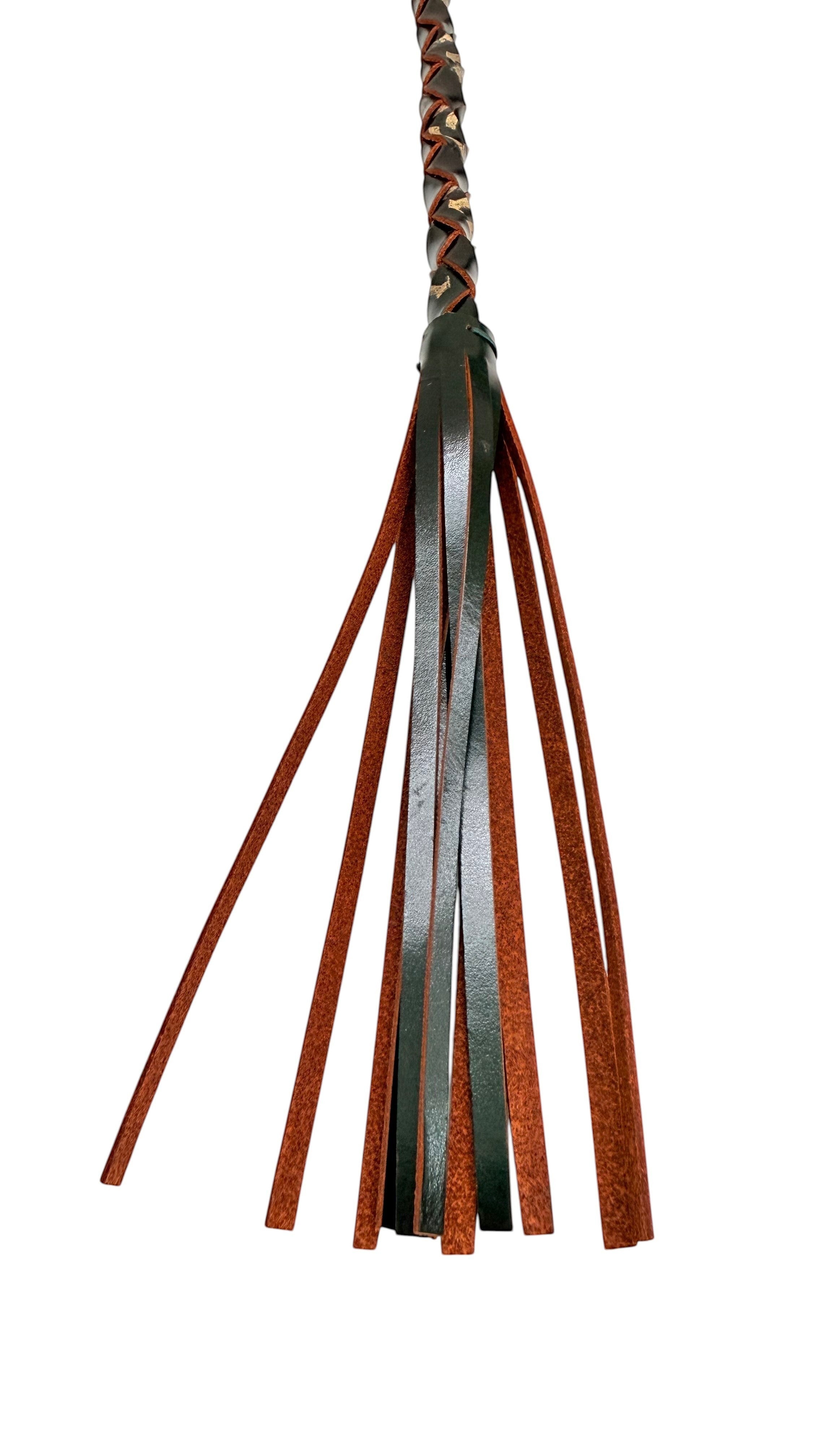 David Dangelo Caldwell leather rope braid whip keychain with brown and dark green strands.