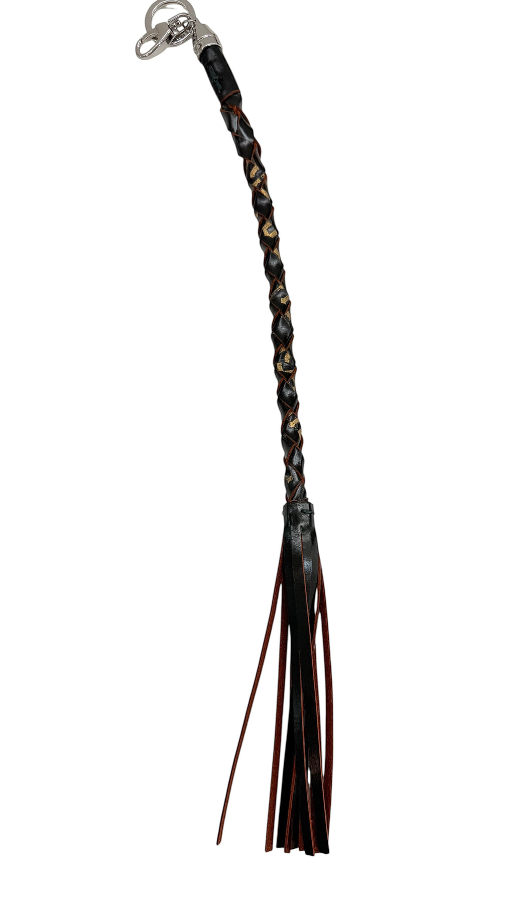 David Dangelo Caldwell black leather rope braided whip keychain with metal hardware and leather fringe.