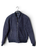 David Dangelo Caldwell navy blue suede reversible bomber jacket with zip pockets and ribbed cuffs.