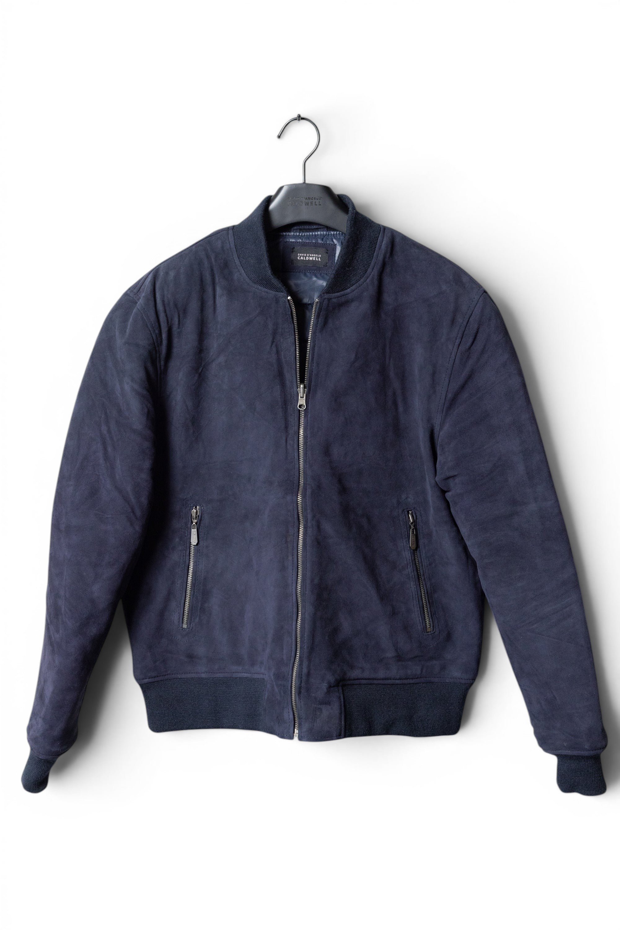 David Dangelo Caldwell navy blue suede reversible bomber jacket with zip pockets and ribbed cuffs.