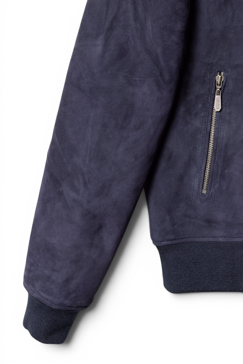 David Dangelo Caldwell navy blue reversible bomber jacket in nappa lamb suede with zippered pocket and ribbed cuffs.