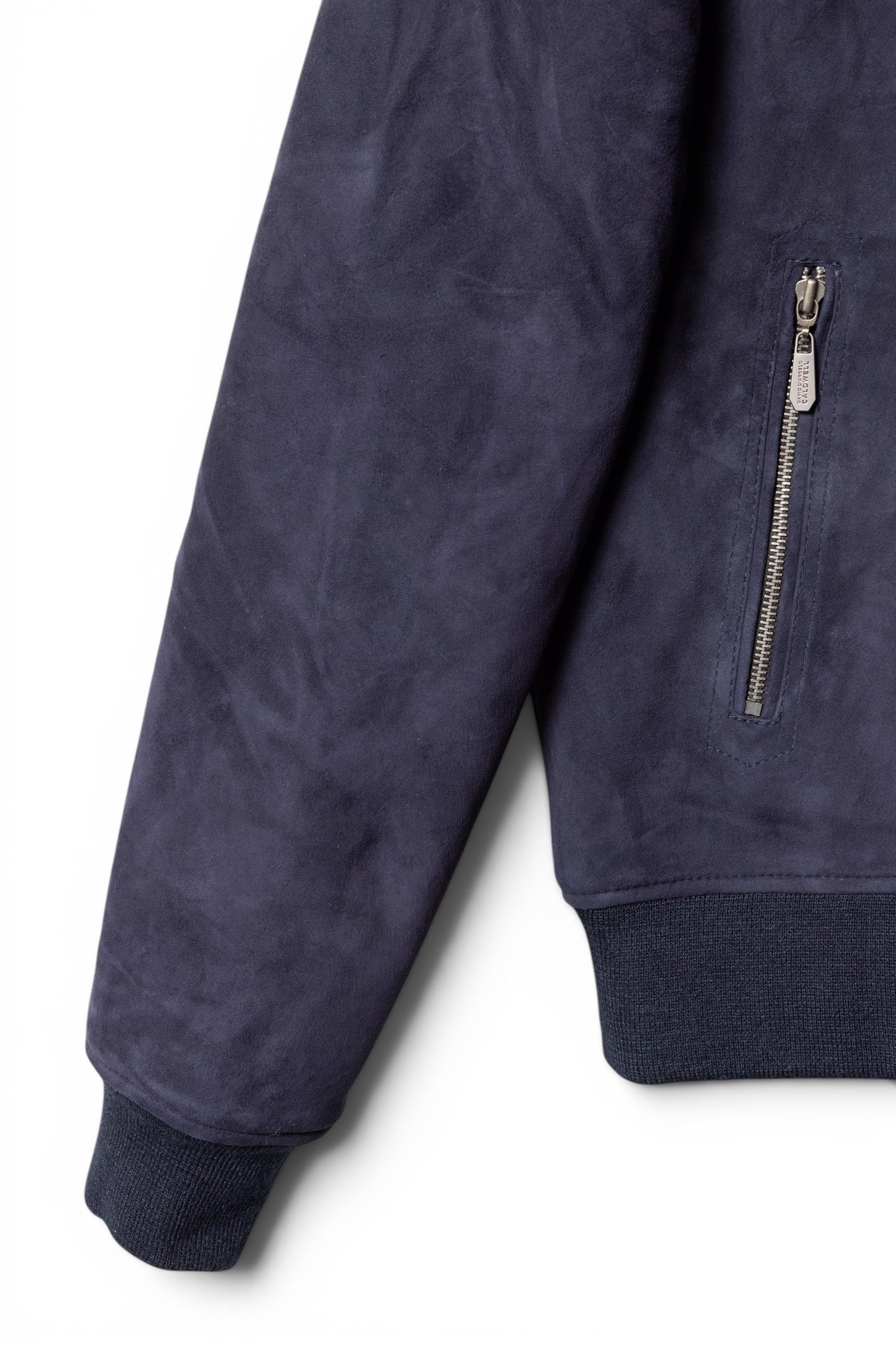 David Dangelo Caldwell navy blue reversible bomber jacket in nappa lamb suede with zippered pocket and ribbed cuffs.