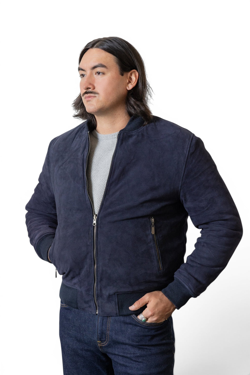 David Dangelo Caldwell navy blue nappa lamb suede reversible bomber jacket with puffer lining and zip pockets.