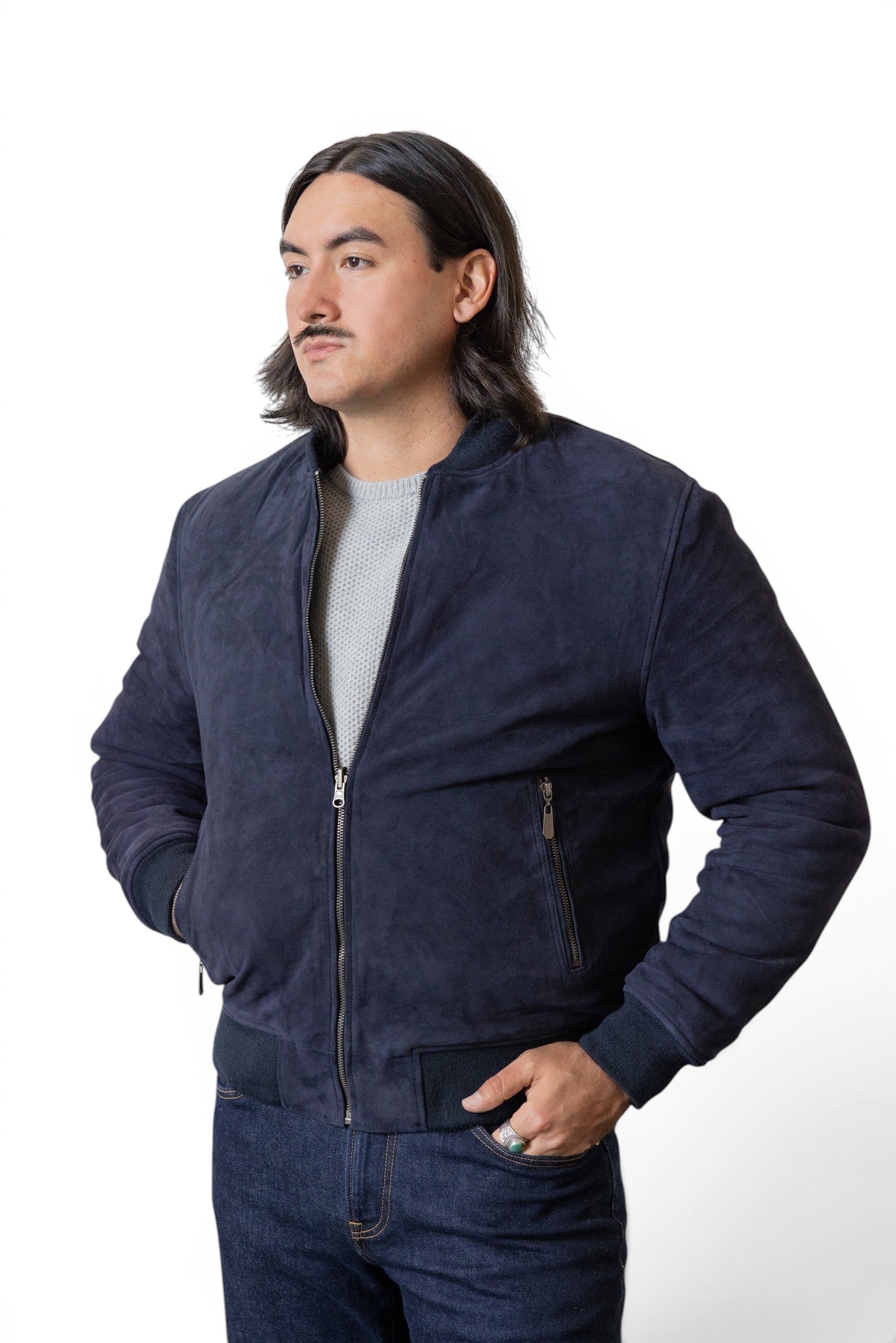 David Dangelo Caldwell navy blue nappa lamb suede reversible bomber jacket with puffer lining and zip pockets.